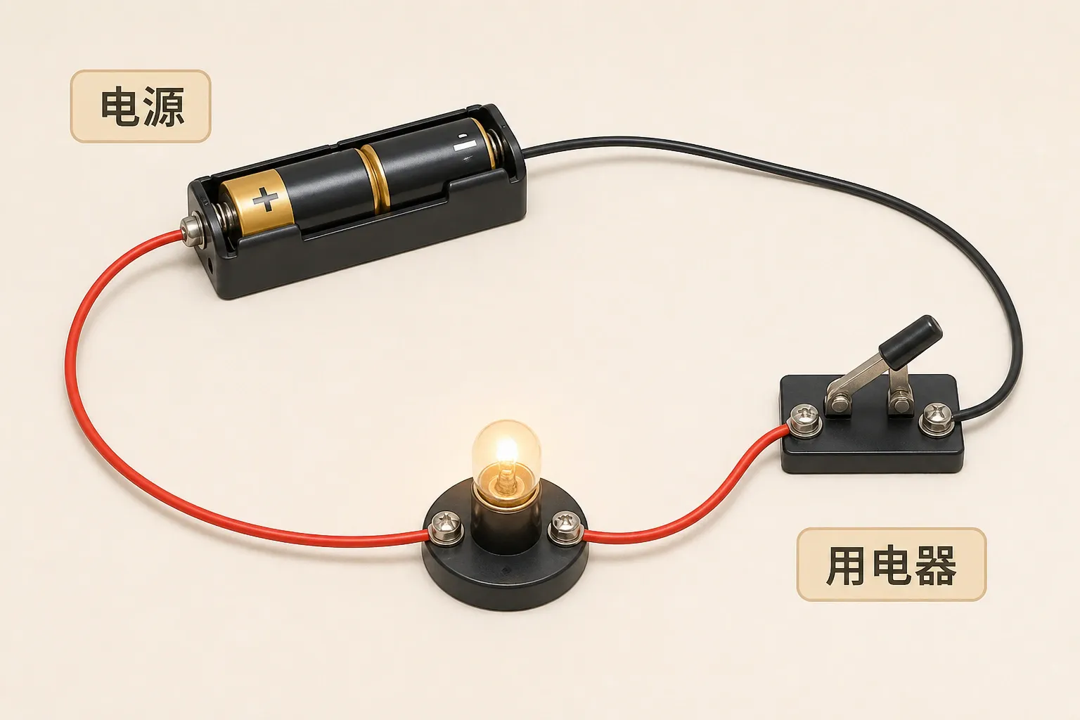 电源使闭合电路中的小灯泡发光,帮助建立电压作用的直观认识