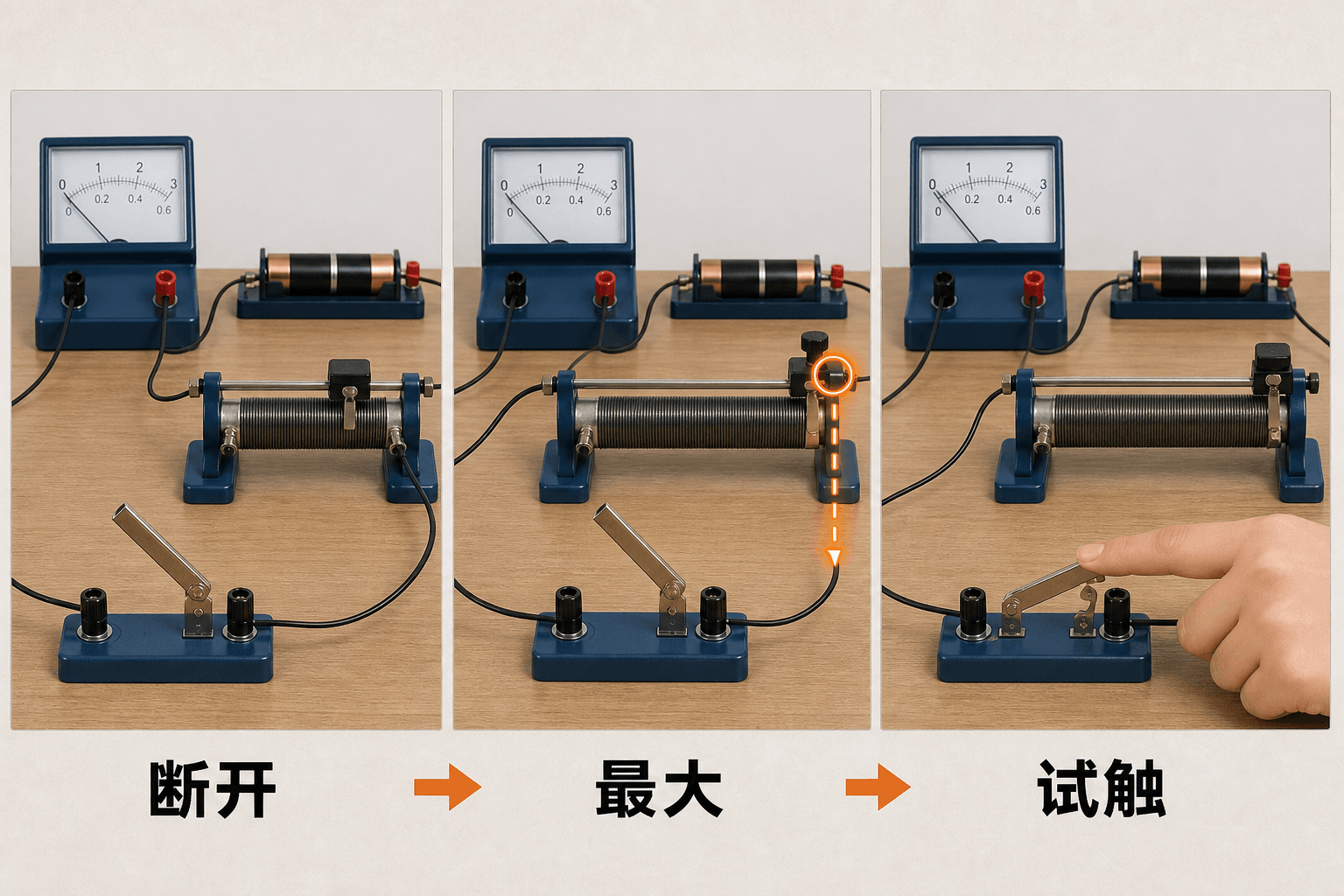 断开开关、滑片置最大阻值端和试触的安全操作顺序