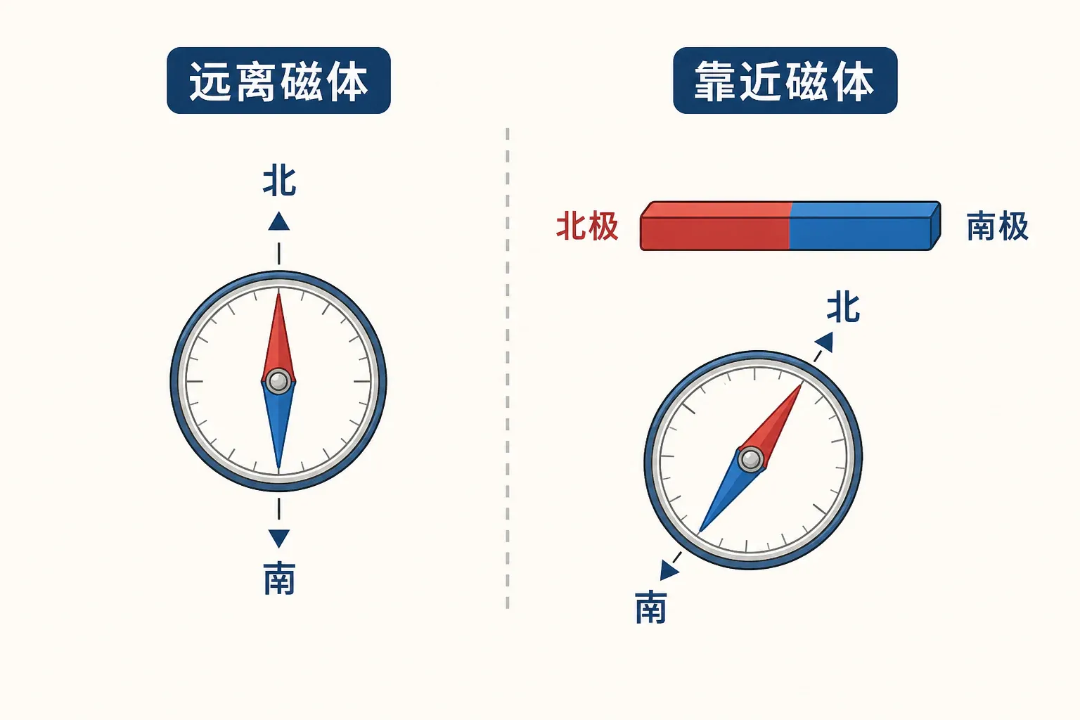 条形磁体靠近小磁针前后,磁针方向发生改变