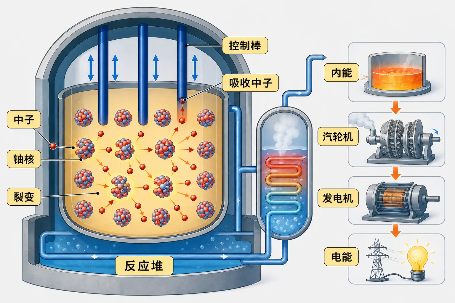 核电站中铀核裂变链式反应受控制棒调节的初中示意图