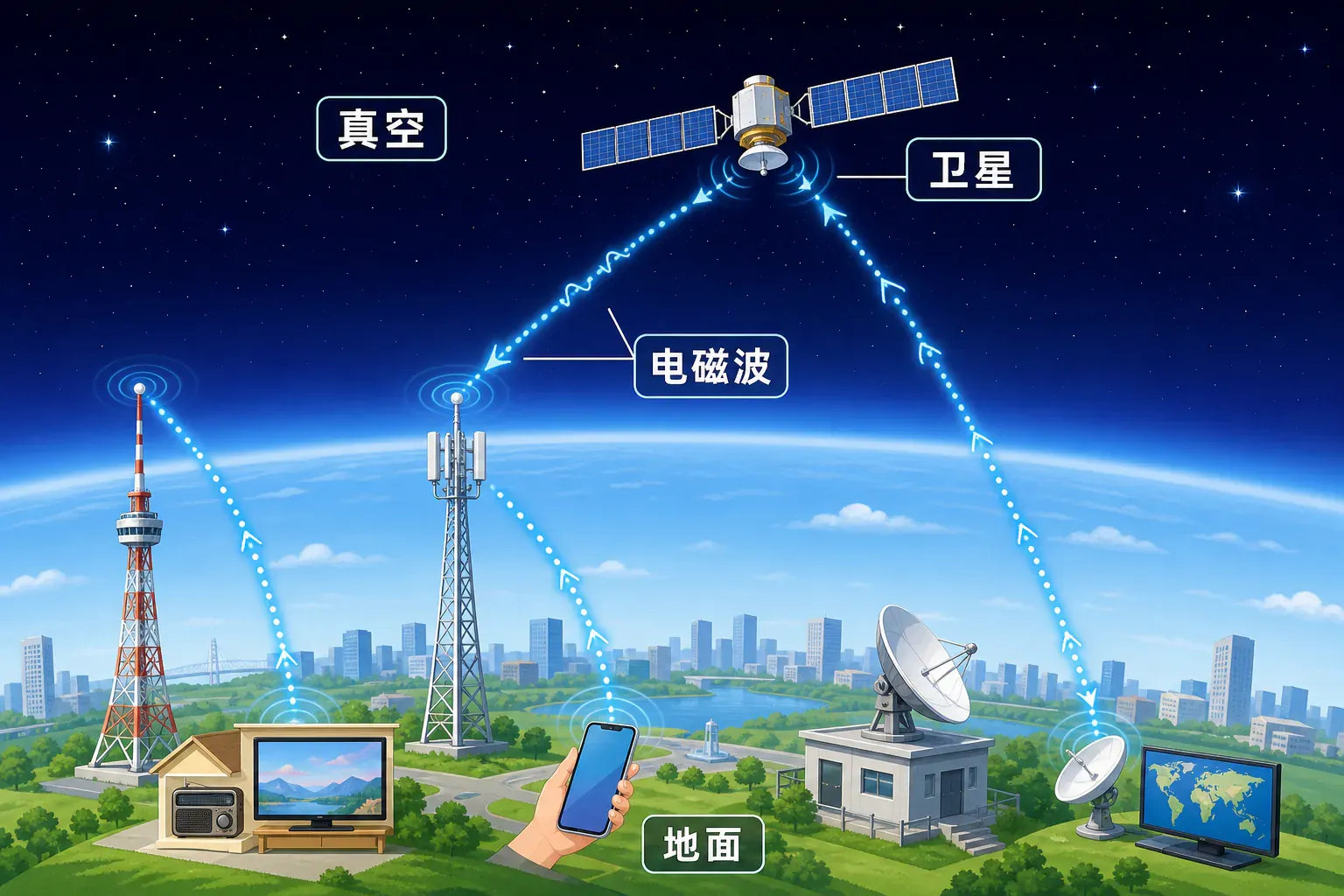 广播塔、移动基站、卫星、手机和光纤组成的现代信息传递网络