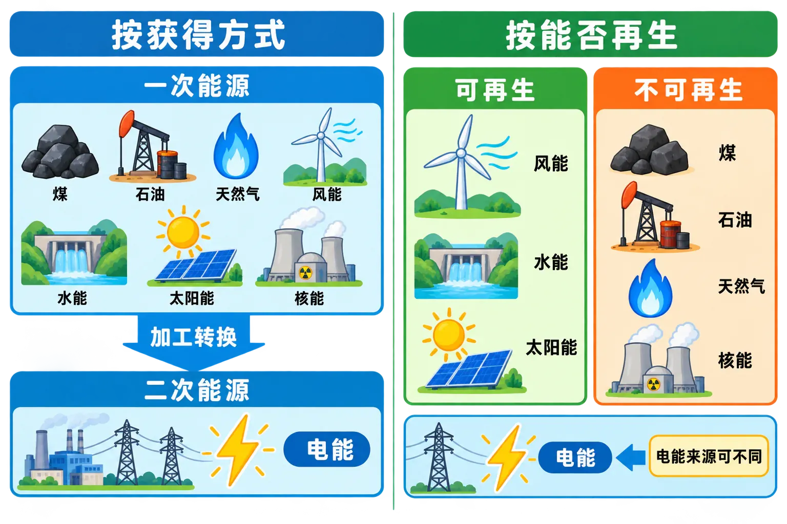能源按一次与二次、可再生与不可再生两个角度分类的关系图