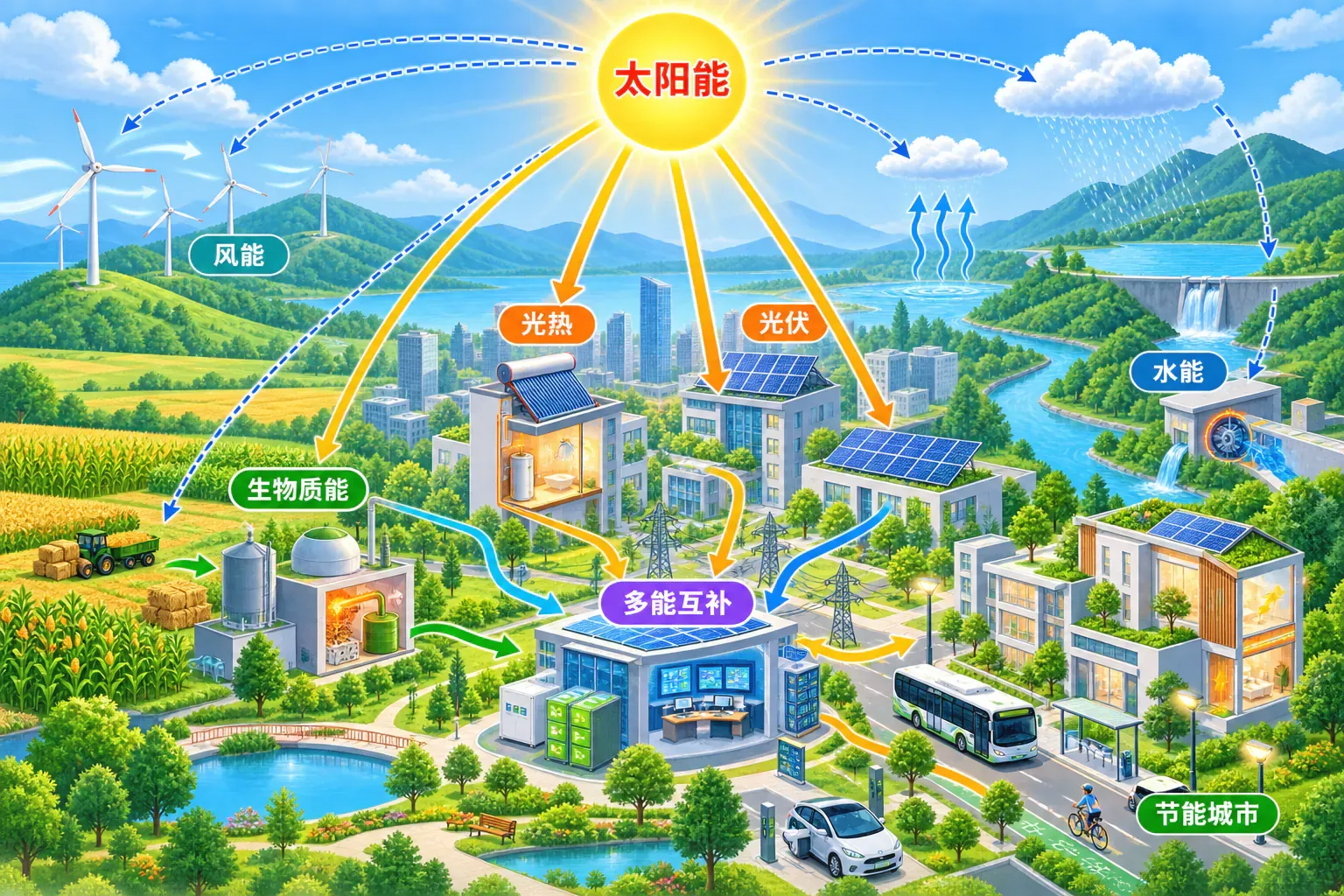 太阳能的直接利用及其驱动风、水循环和生物质形成的可再生能源城市