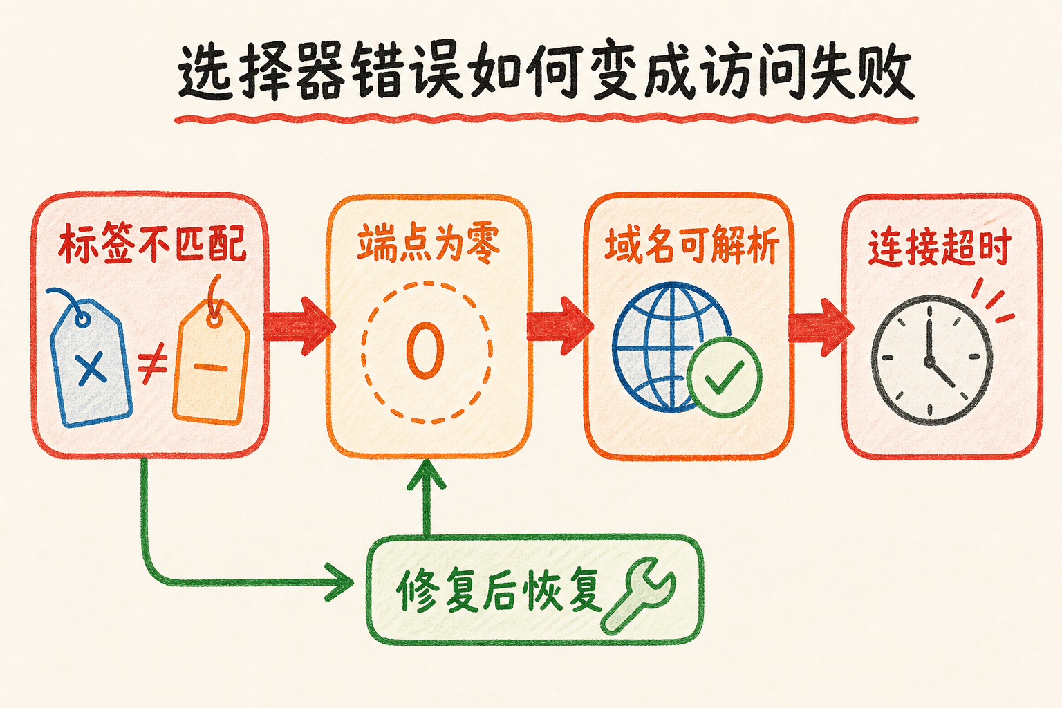 Service 选择器错误导致端点为零、域名仍可解析但连接超时的故障因果链