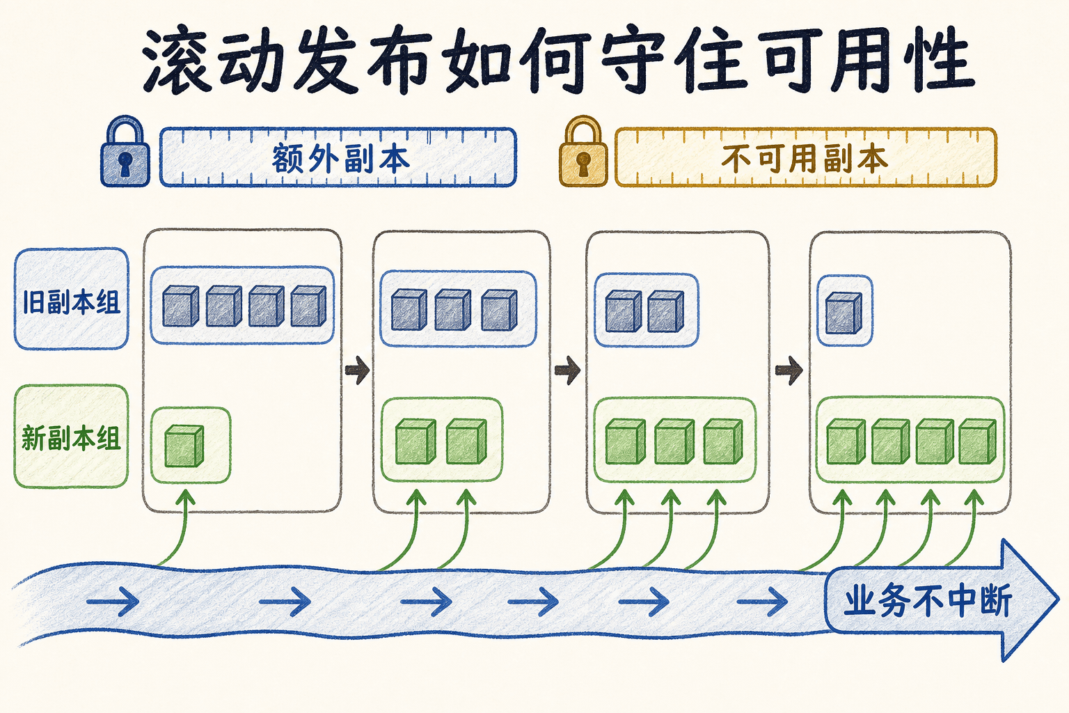 滚动发布逐步缩小旧副本组、扩大新副本组并守住业务可用性