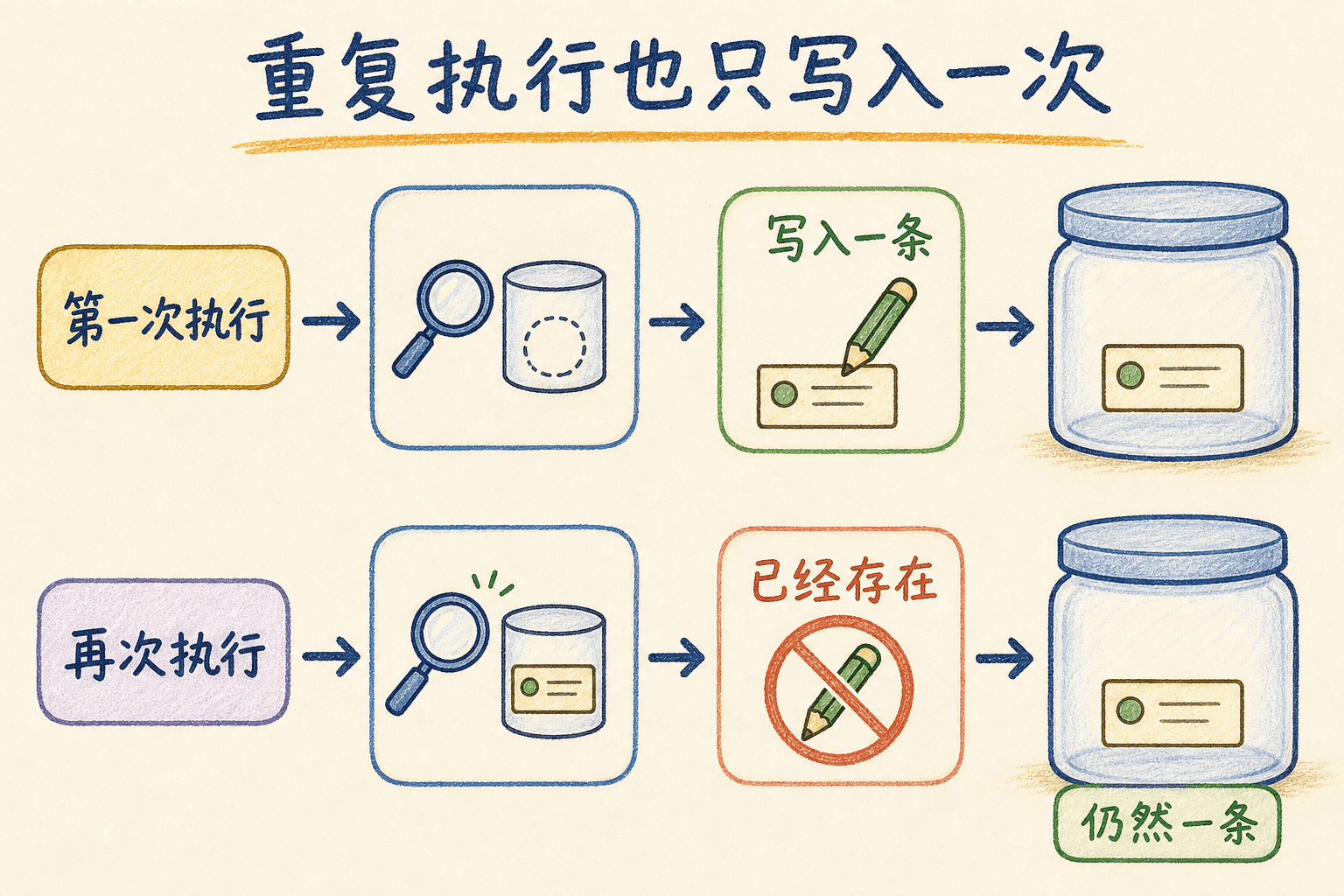 幂等初始化任务重复执行时发现记录已经存在并保持仍然一条