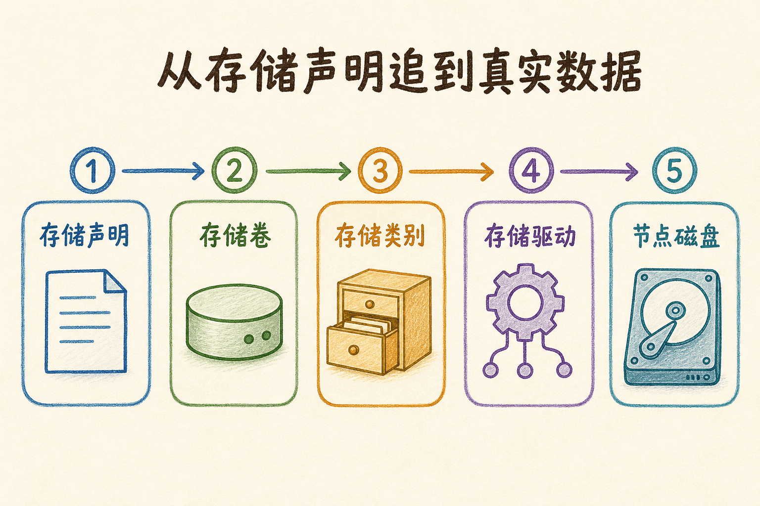 存储声明通过存储类别和存储驱动追踪到存储卷与节点磁盘