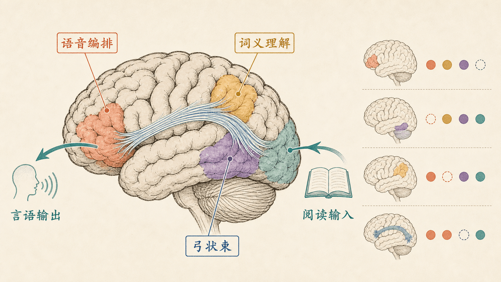 语言理解、语音编排、弓状束、阅读输入与言语输出构成网络的手绘信息图