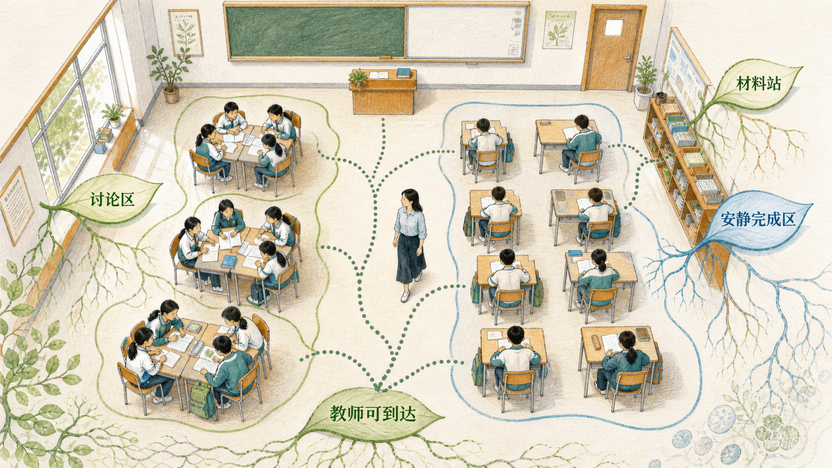 讨论区、安静完成区、材料站与教师可到达的课堂空间布局