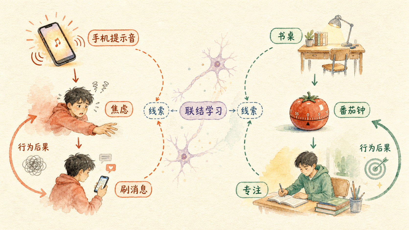 小周的学习线索:提示音可联结分心,书桌与番茄钟也可联结专注