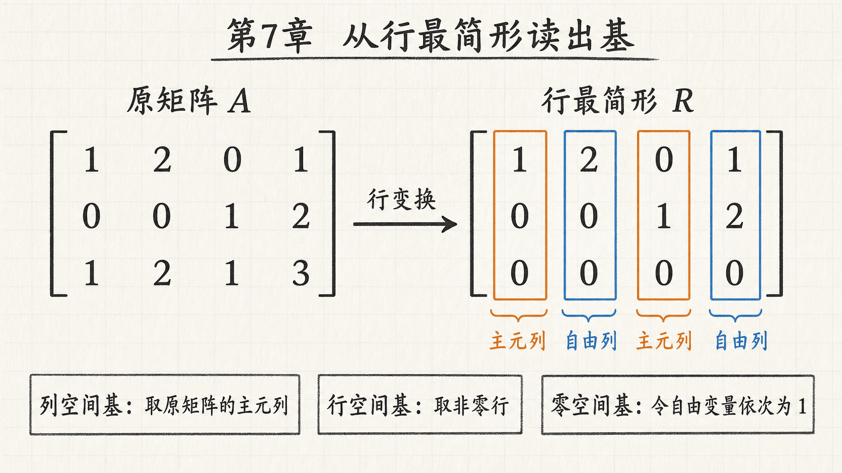 从行最简形读出基的线性代数教学图，突出主元列和自由列。
