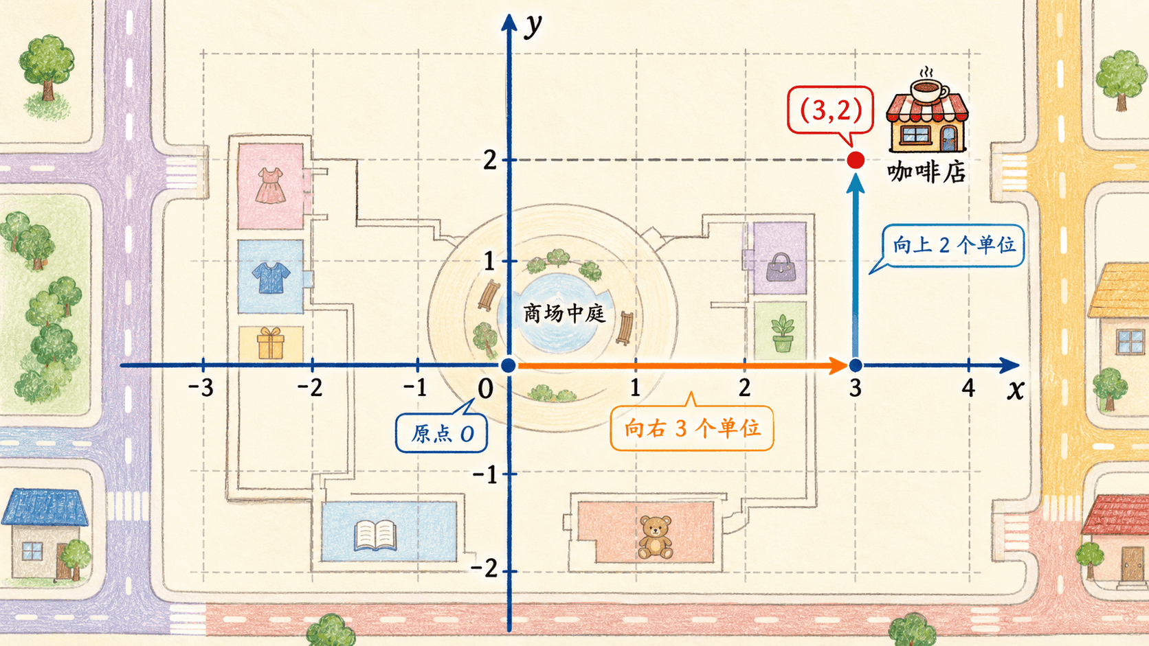 城市街区地图中用横向和纵向路线定位坐标为三二的咖啡店