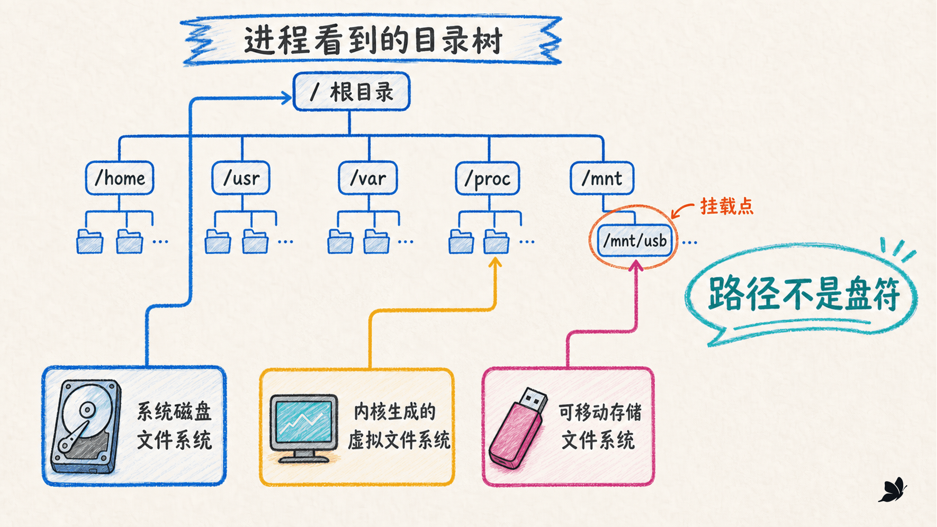 单根目录树与挂载点的关系:多个存储来源接入同一棵树