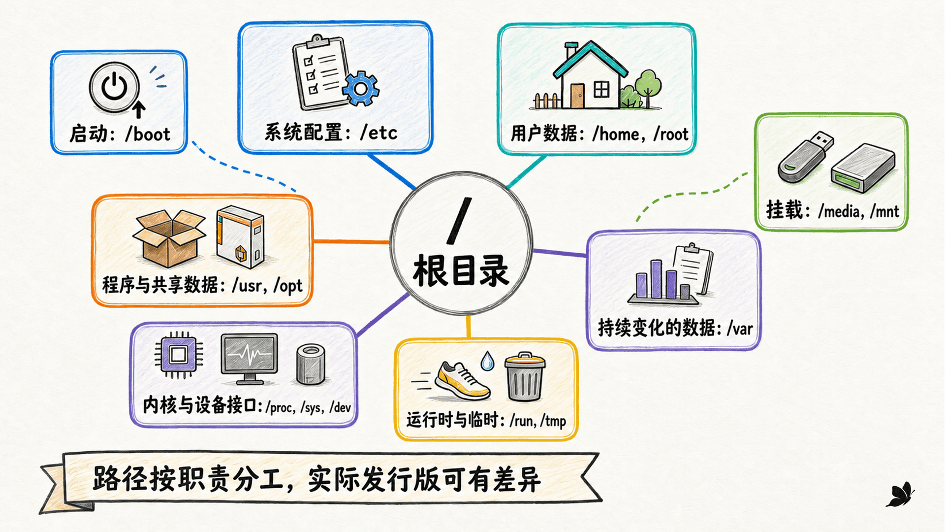 Linux FHS 根目录功能地图:配置、用户数据、程序、可变数据、运行时与内核接口