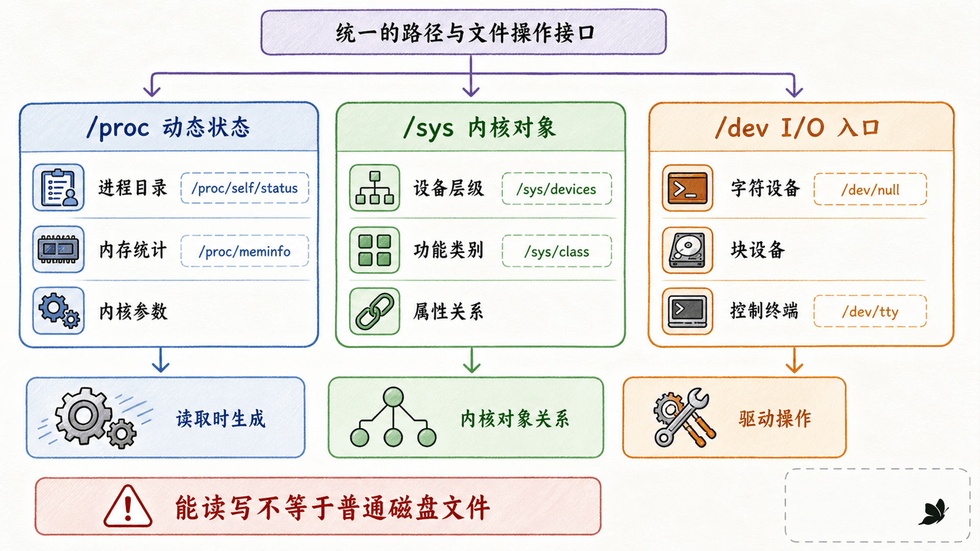 proc、sysfs 与 dev 三类内核接口对照图