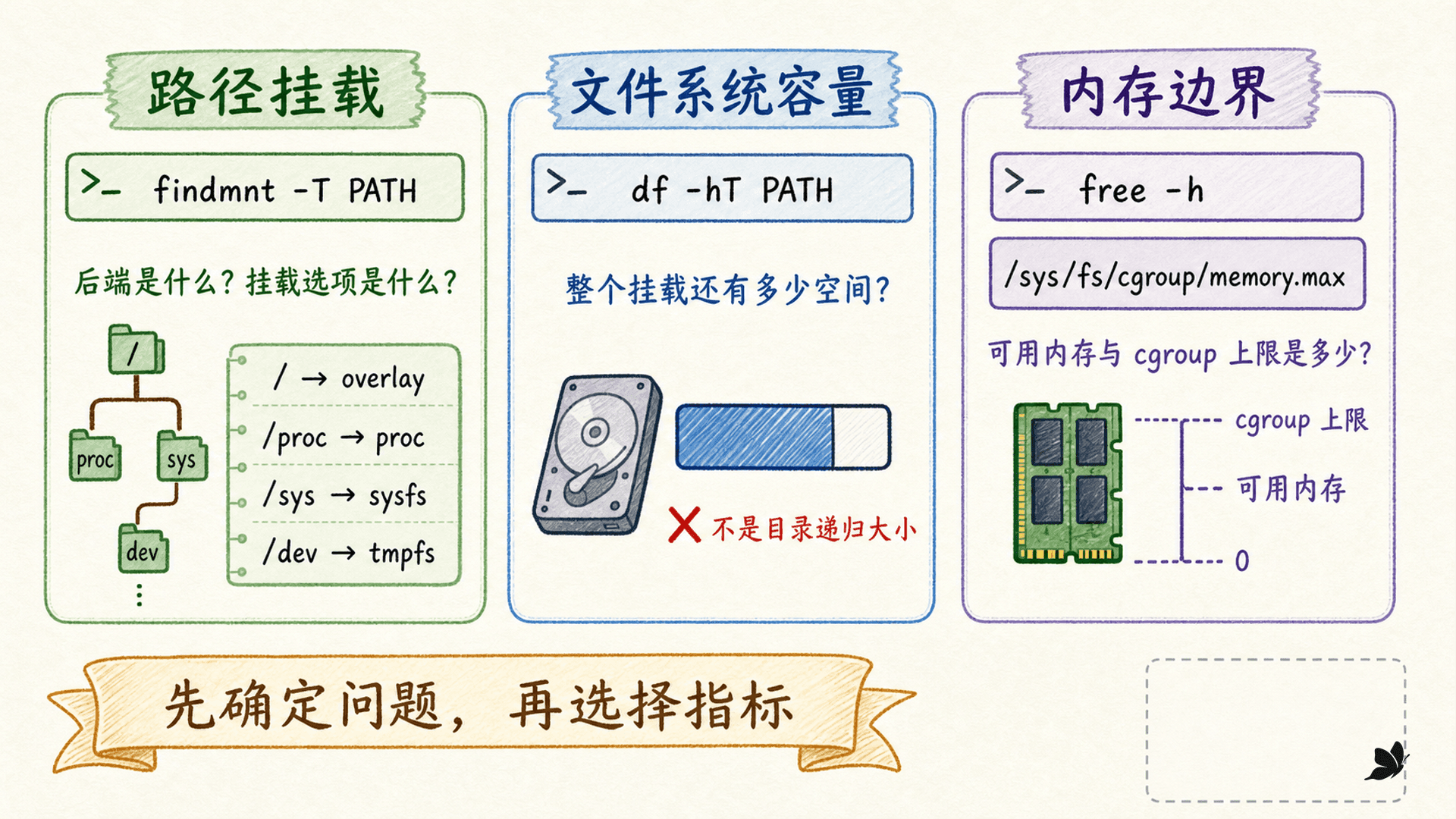 挂载类型、df 容量与 free 内存观察对照图