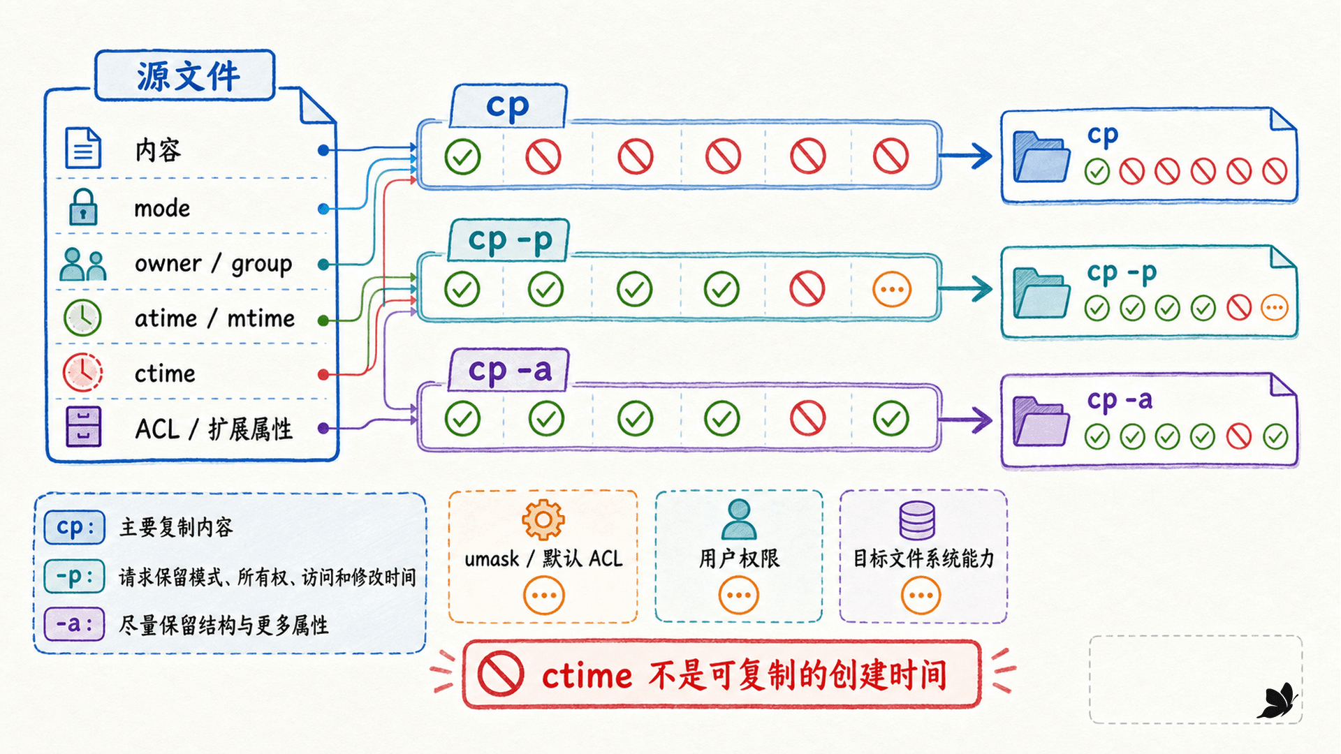 cp、cp -p 与 cp -a 的内容和元数据保留边界