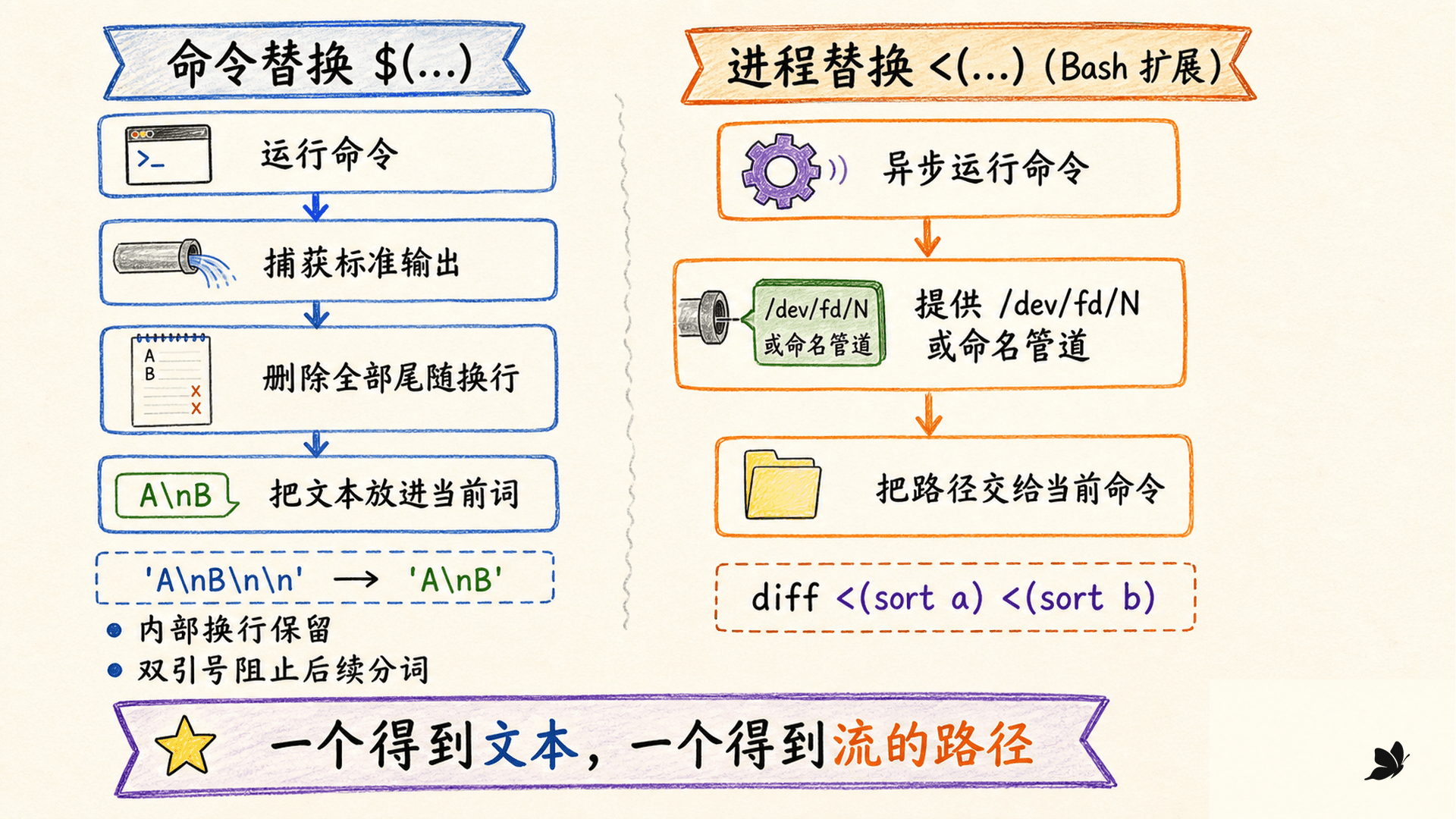 命令替换捕获文本与进程替换提供路径的对比