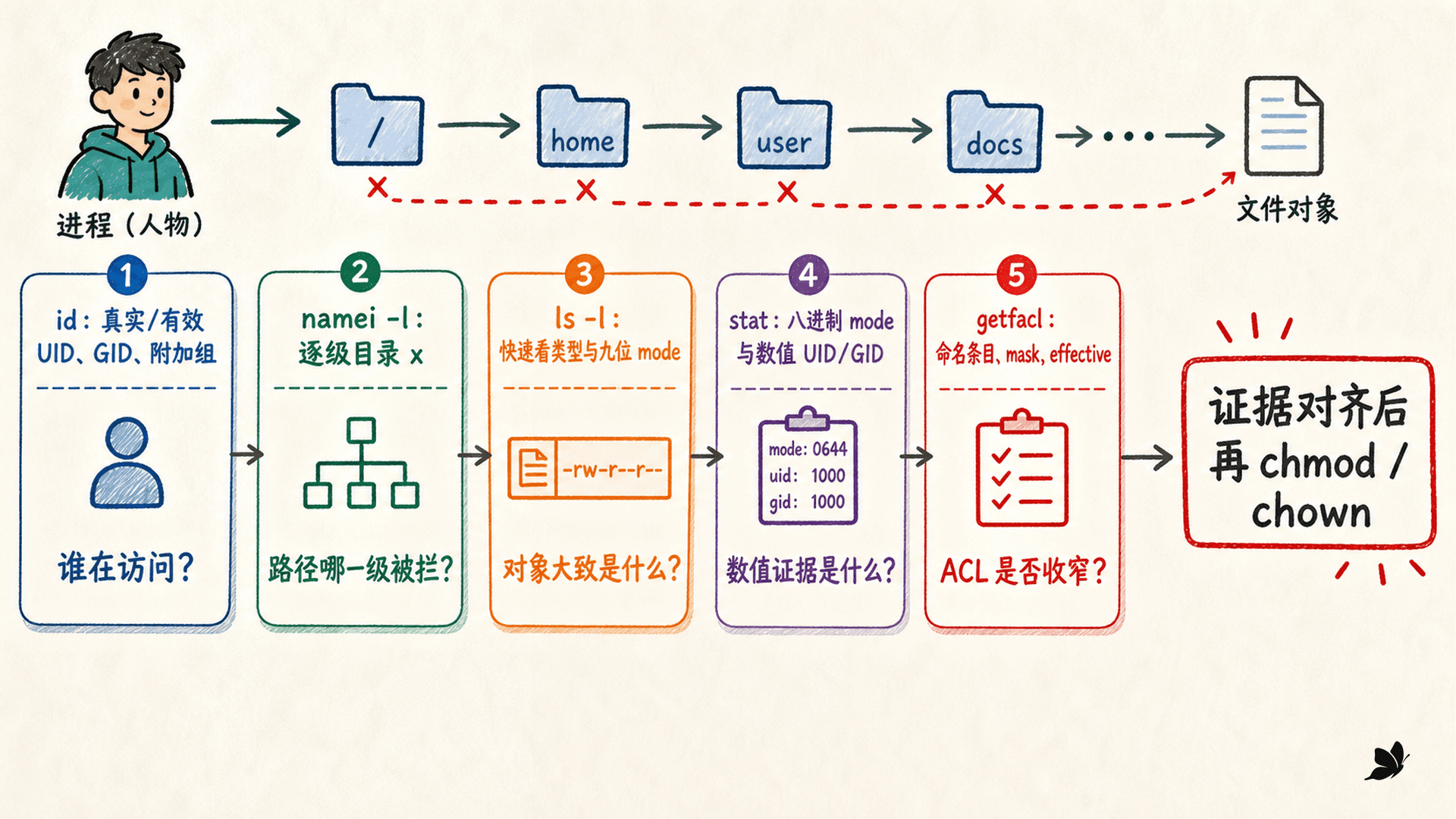 权限证据链:id、ls、stat、namei 与 getfacl 的分工