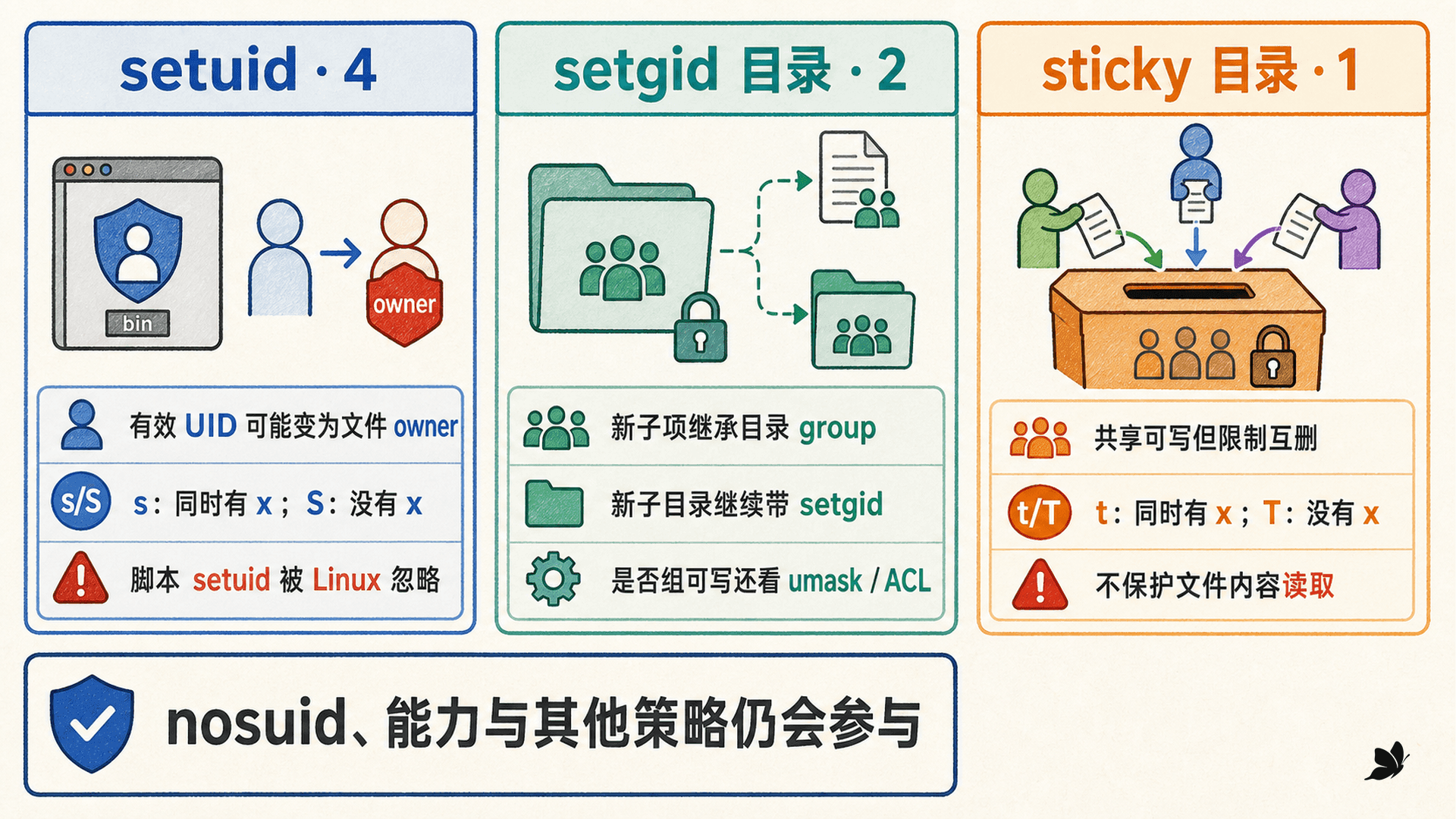 setuid、setgid 目录与 sticky 三个特殊位的对象和效果对照