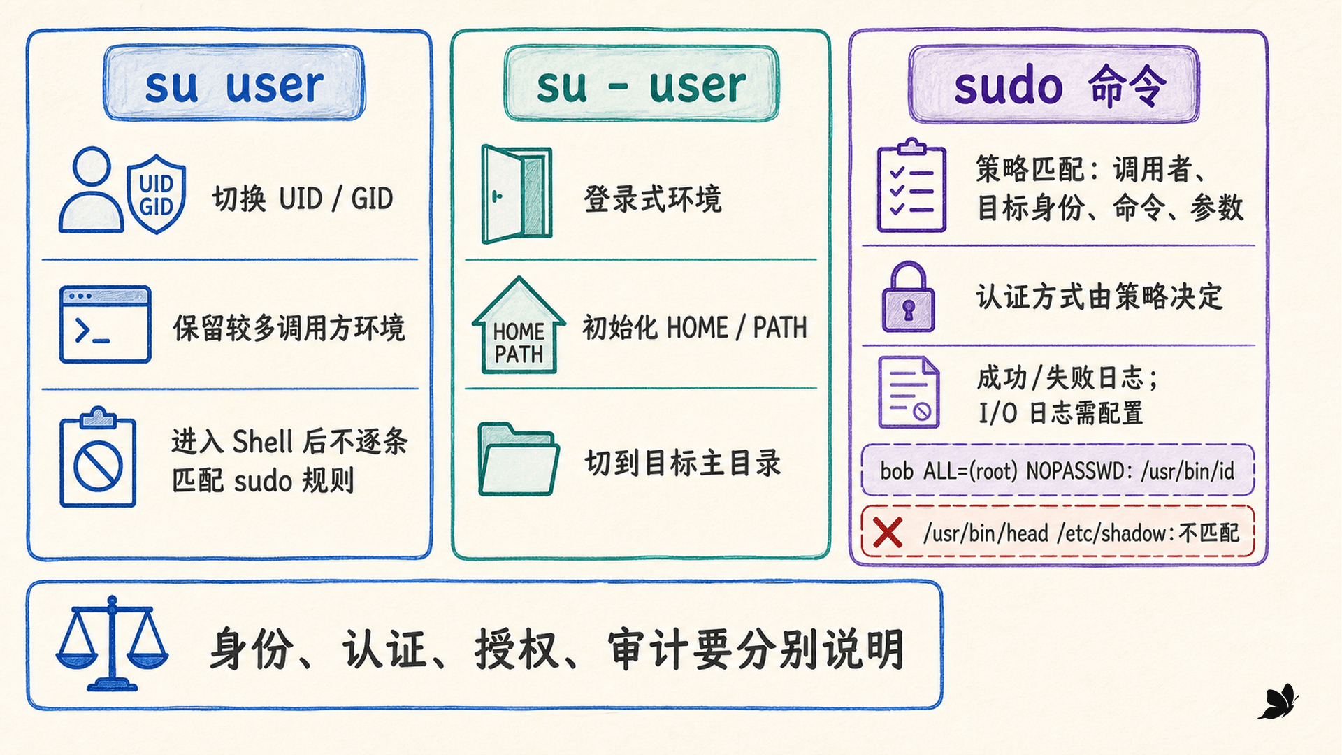 su、su - 与 sudo 在身份、环境、授权和审计上的边界