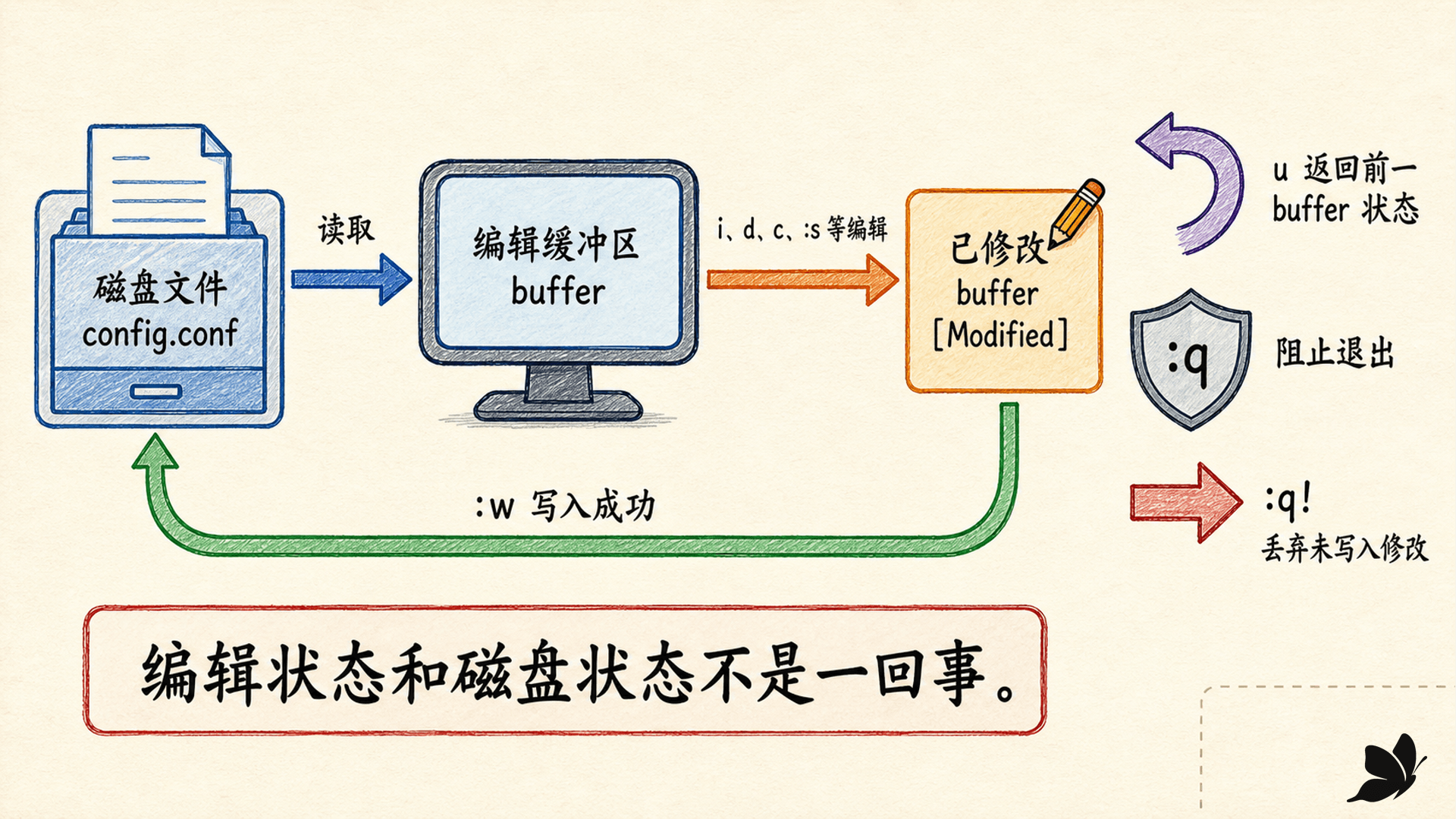 编辑缓冲区与磁盘文件的双状态和写入边界