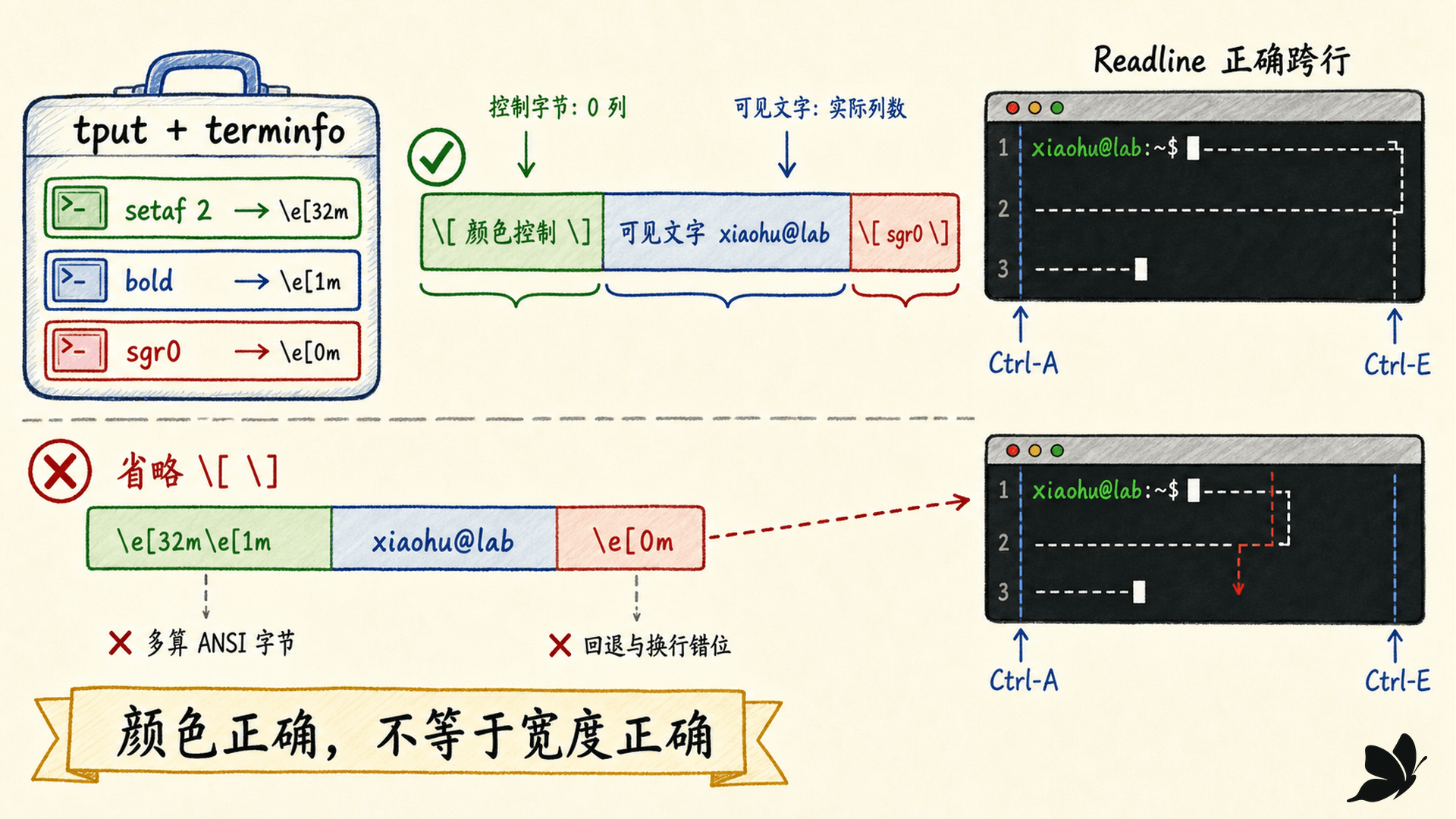 ANSI SGR、终端能力、样式重置与 Readline 宽度的关系