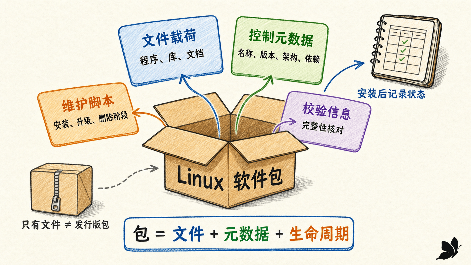 Linux 软件包由文件载荷、控制元数据、维护脚本和校验信息组成