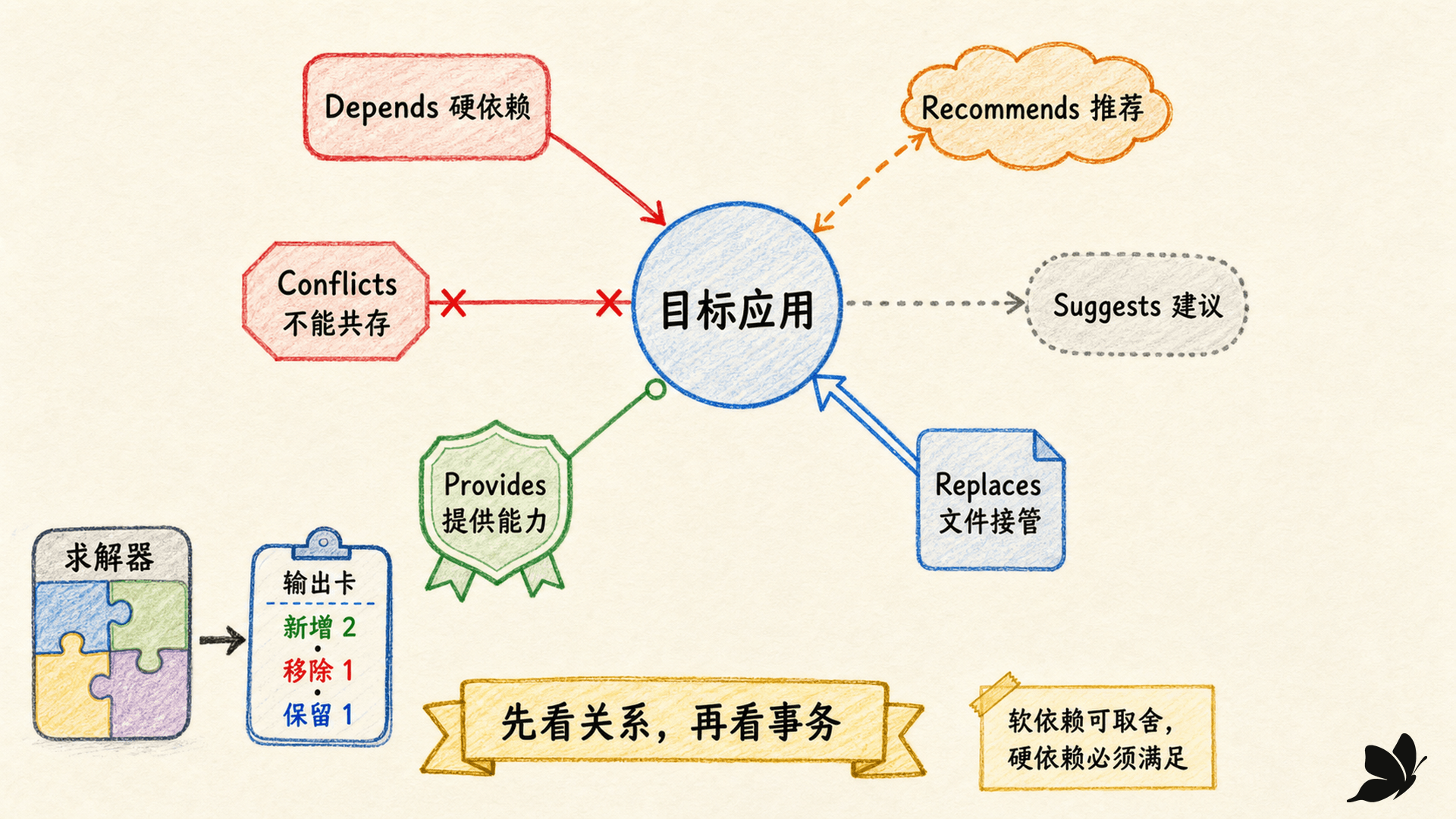 依赖、推荐、建议、冲突、提供与替换构成的软件包关系图