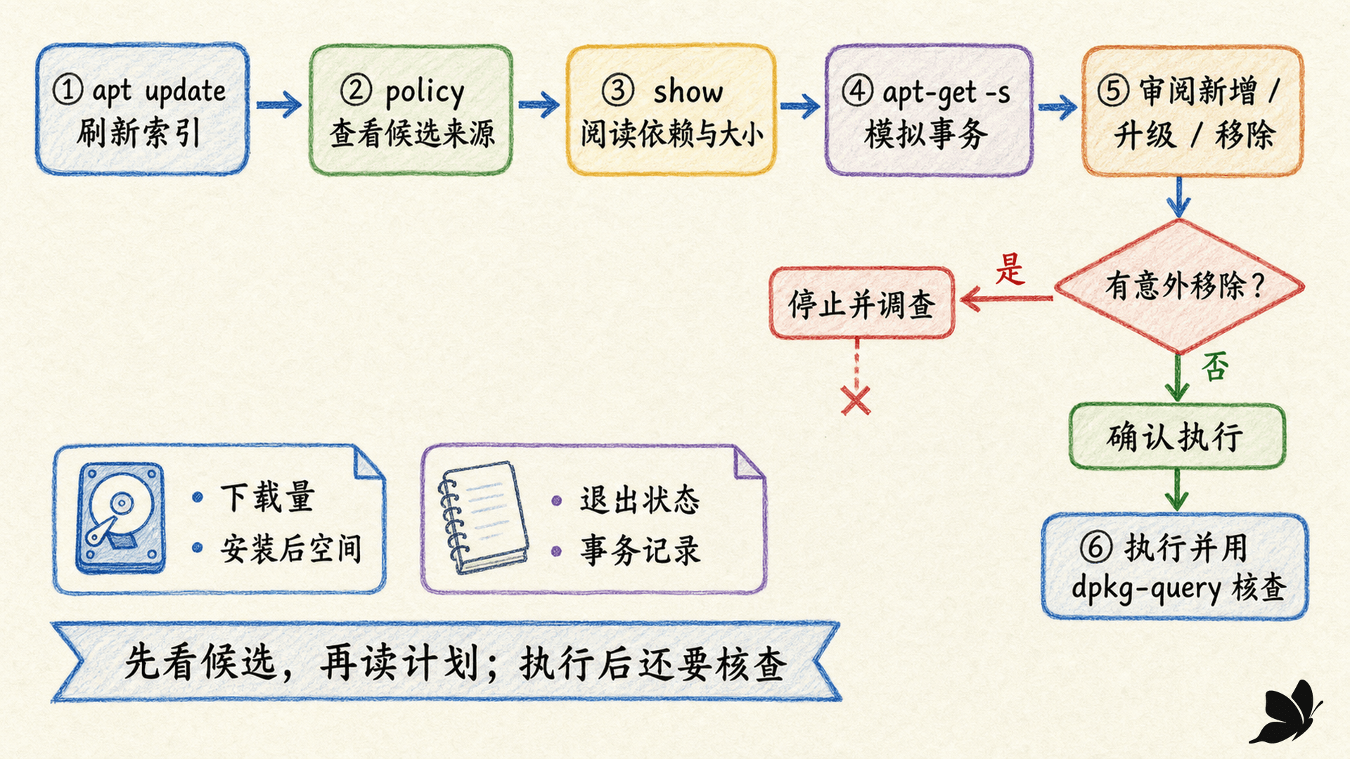 APT 从查询候选、模拟计划、确认变更到安装核查的决策流程