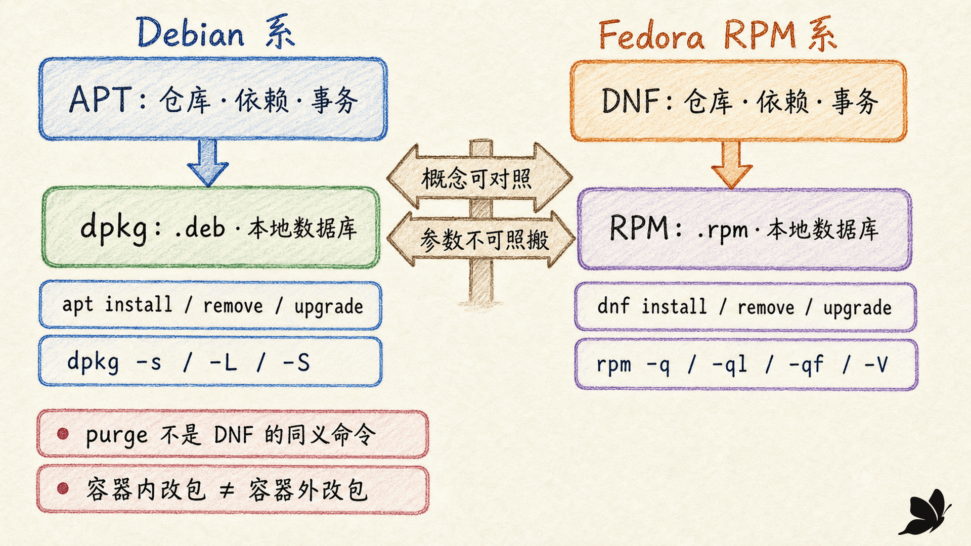Debian 的 APT dpkg 与 Fedora 的 DNF RPM 分层对照