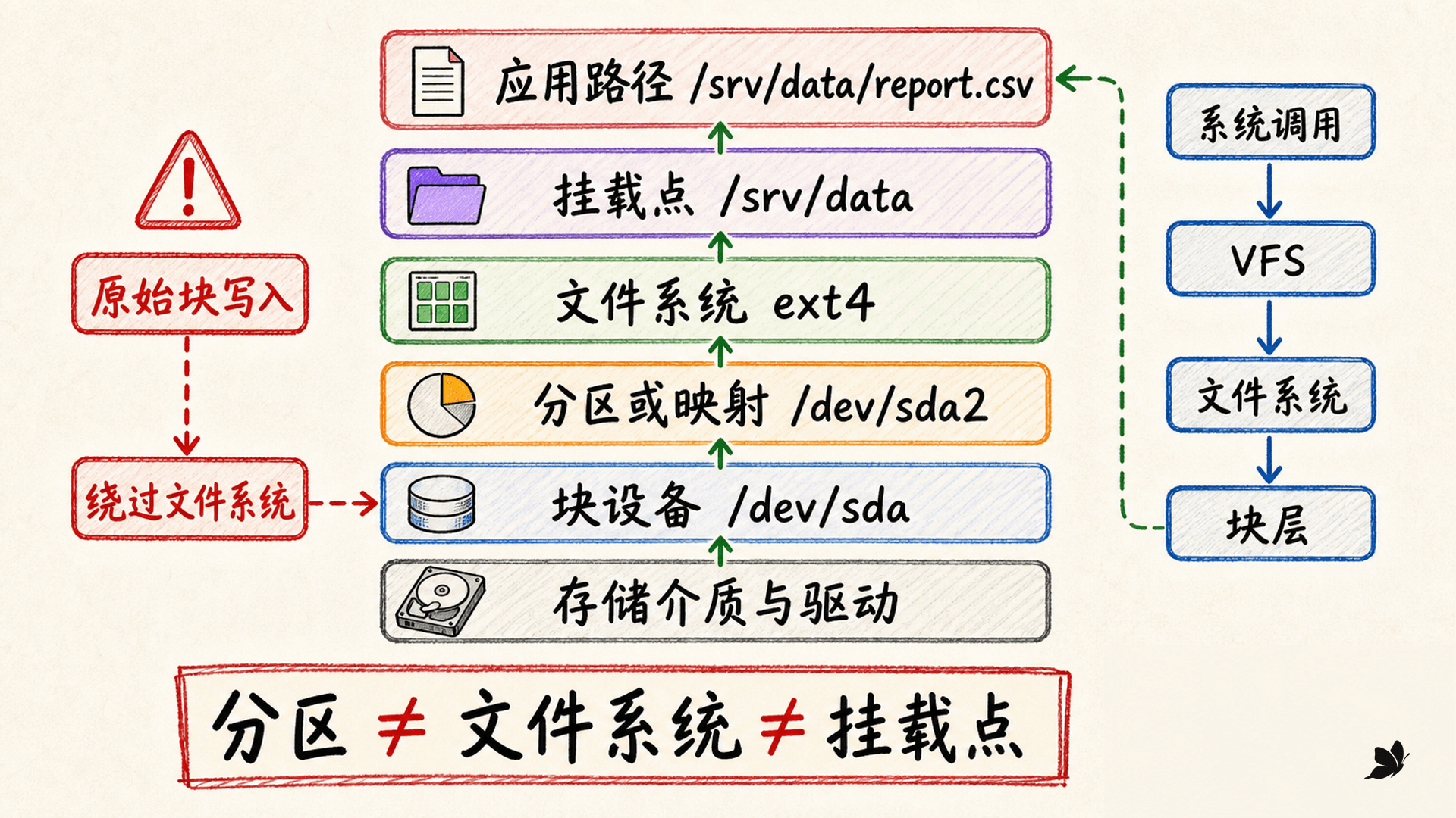 Linux 存储栈从硬件块设备经过分区和文件系统连接到应用路径