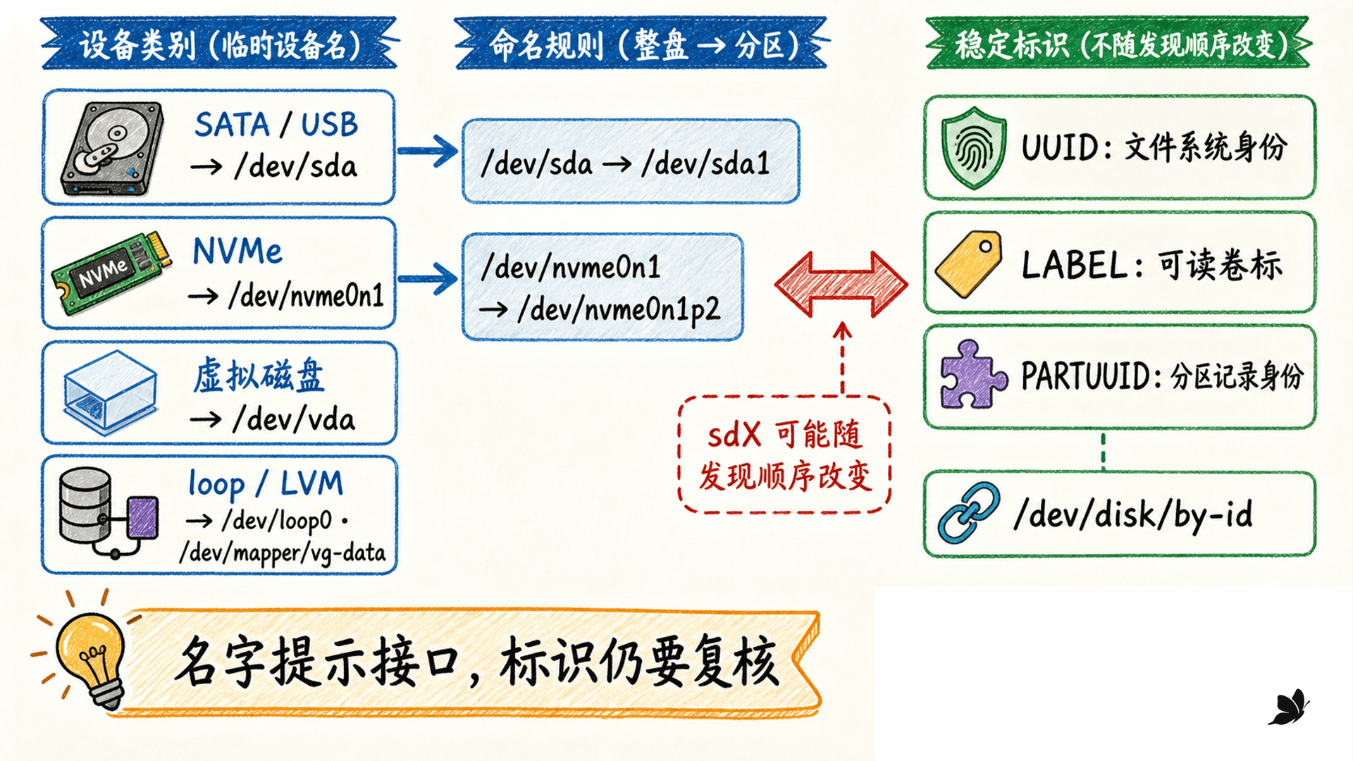 Linux 常见块设备命名与 UUID、PARTUUID、LABEL 稳定标识的对应关系