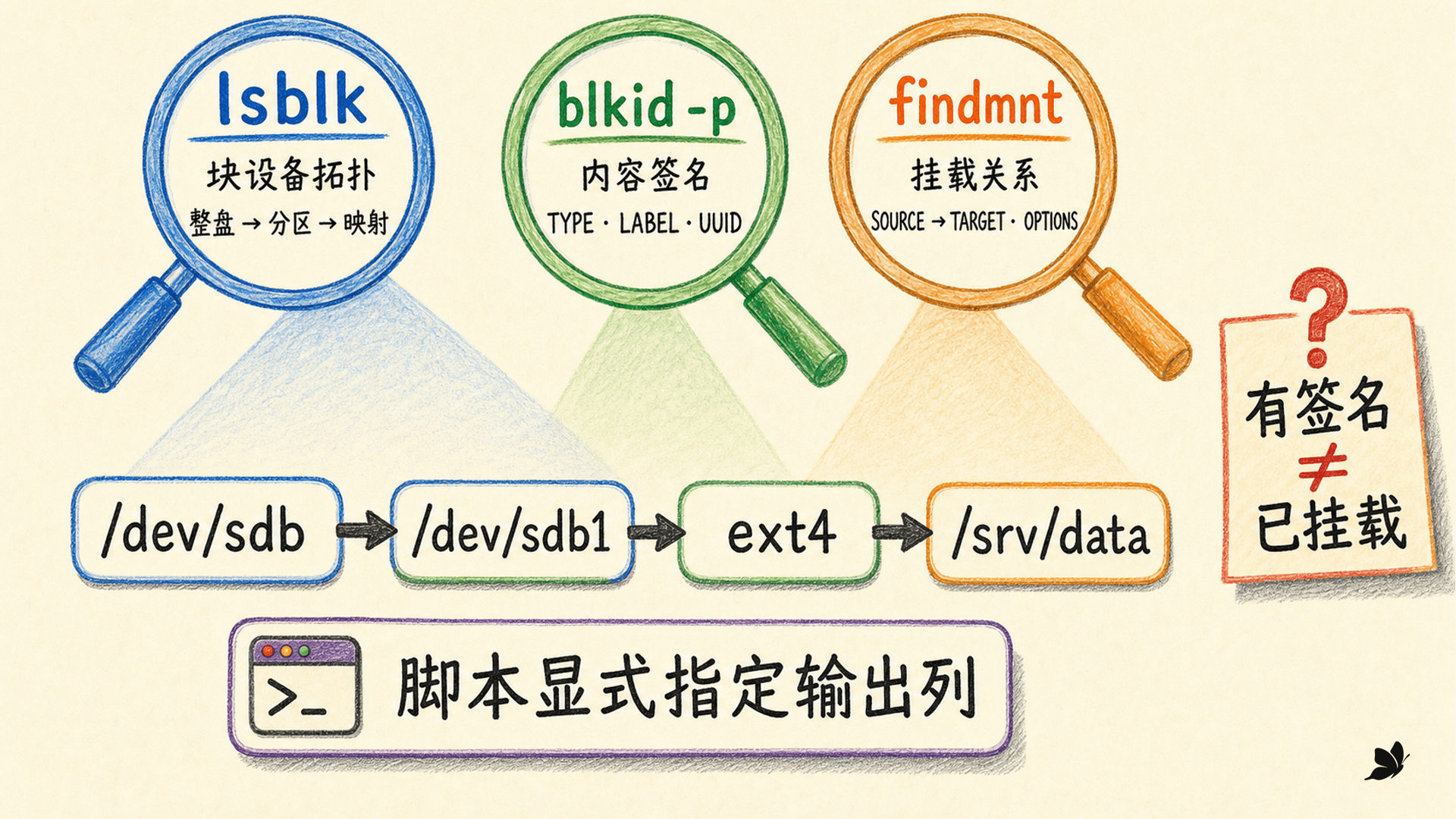 lsblk、blkid、findmnt 分别观察设备拓扑、内容签名与挂载关系