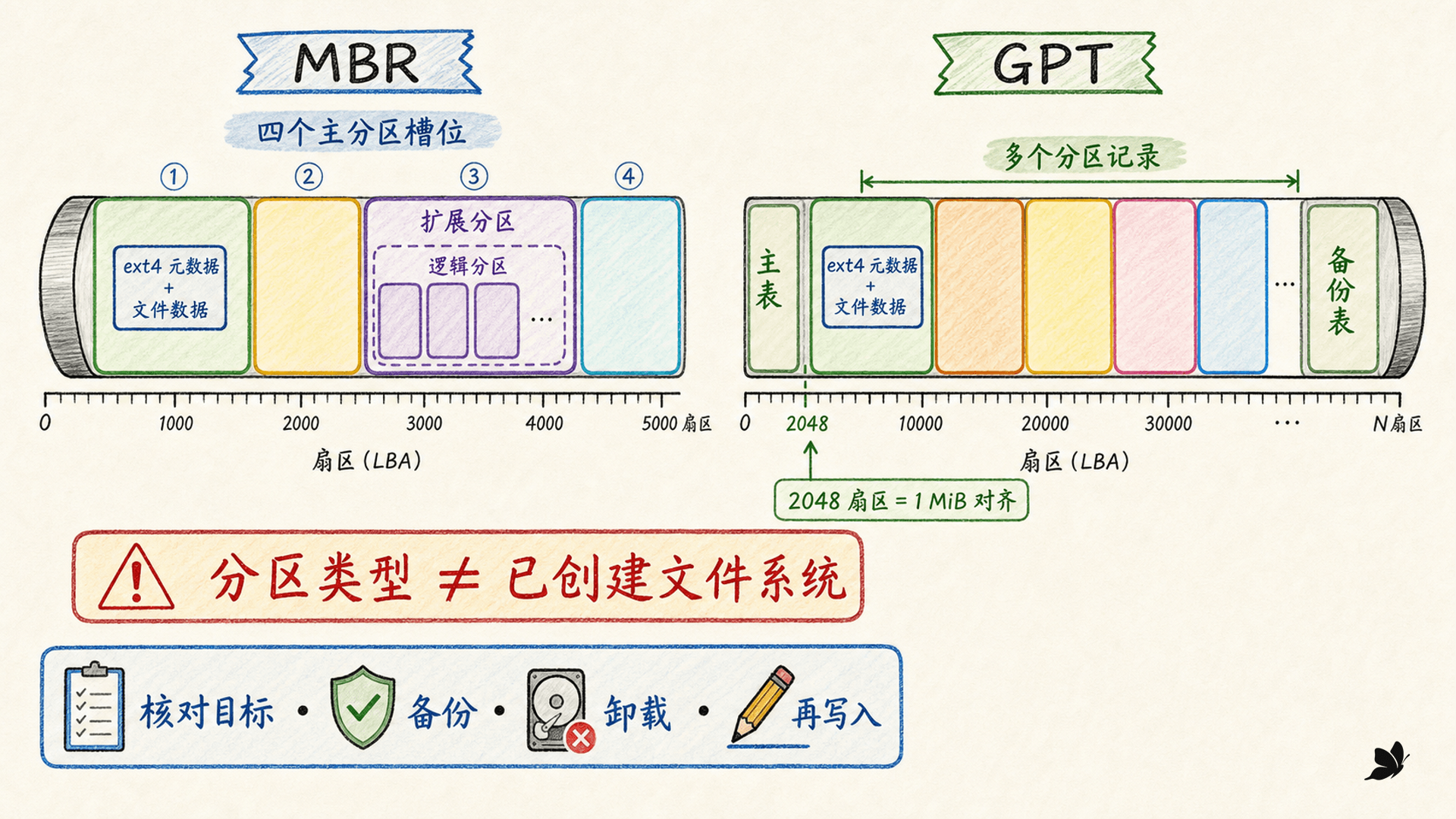 MBR 与 GPT 分区表、分区边界和文件系统的职责差异