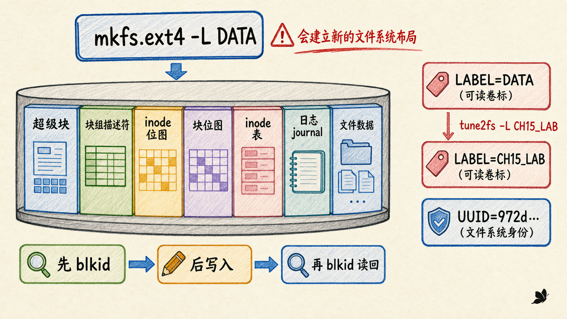 ext4 创建时超级块、日志、inode 表、位图以及 LABEL 和 UUID 的关系