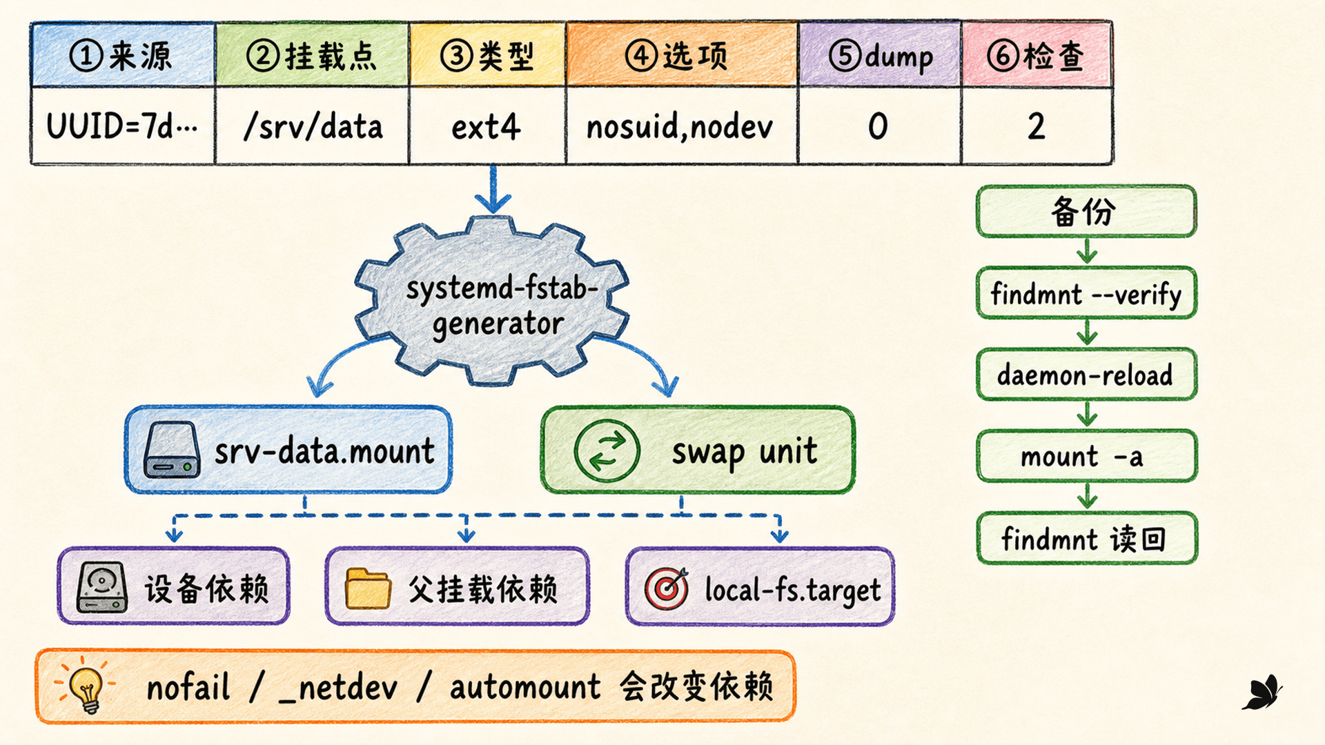 fstab 六字段经 systemd 生成挂载与 swap 单元的启动关系