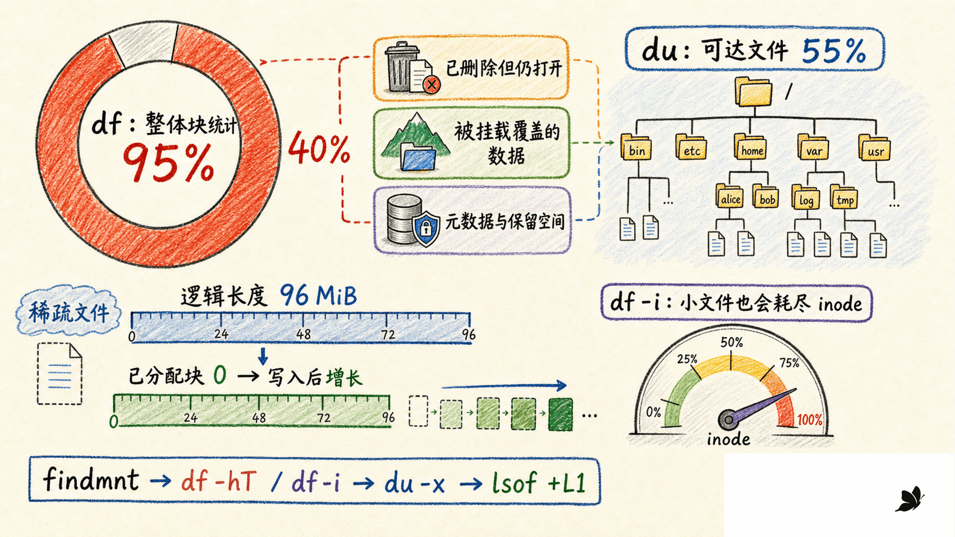 df、du、已删除仍打开文件、稀疏文件与 inode 的容量诊断关系
