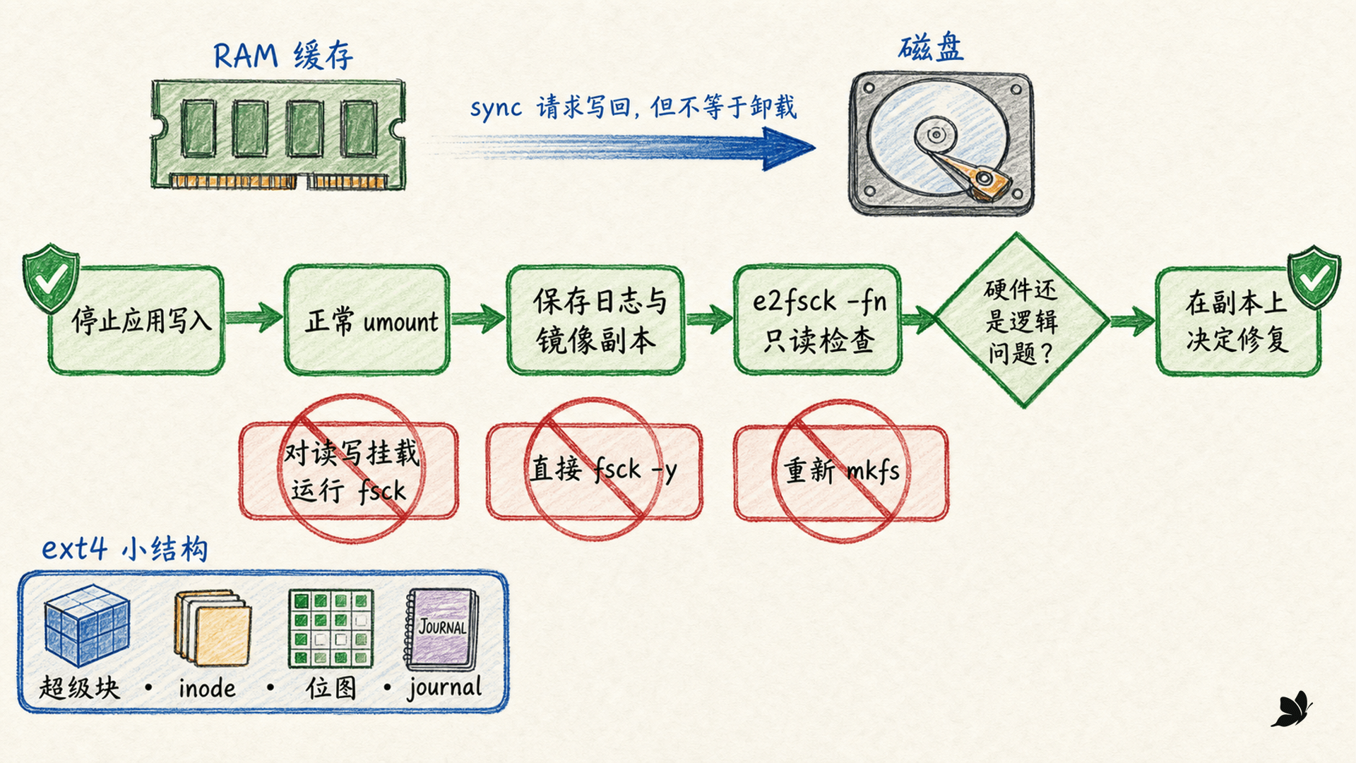 文件系统从缓存写回、正常卸载、只读检查到副本修复的一致性流程
