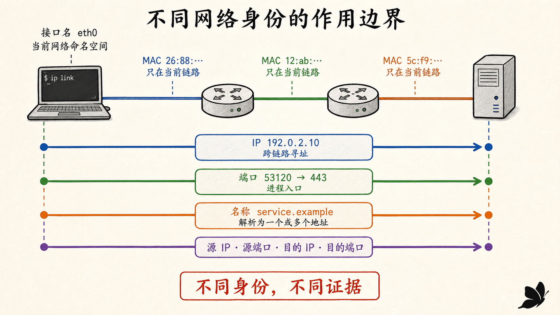 接口名、MAC、IP、端口和域名在不同网络层的身份边界