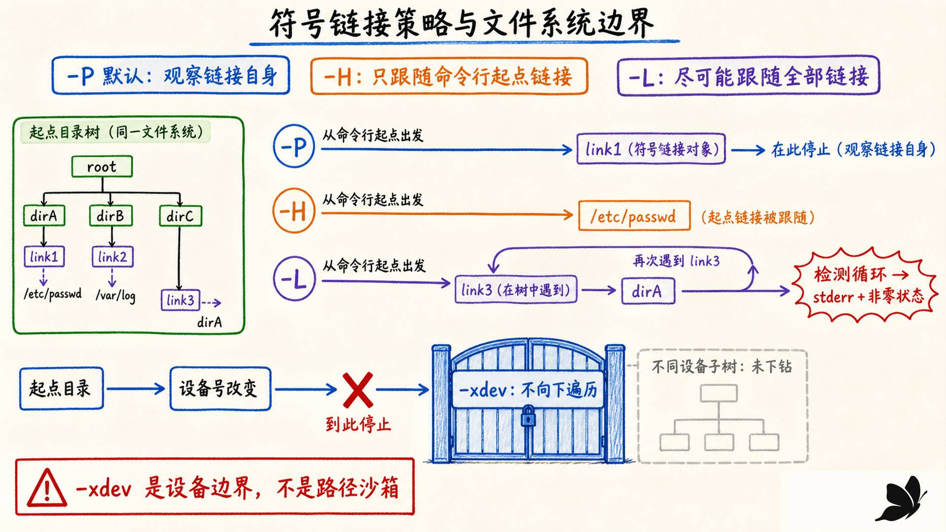 find 的 P、H、L 符号链接策略、循环检测与 xdev 边界