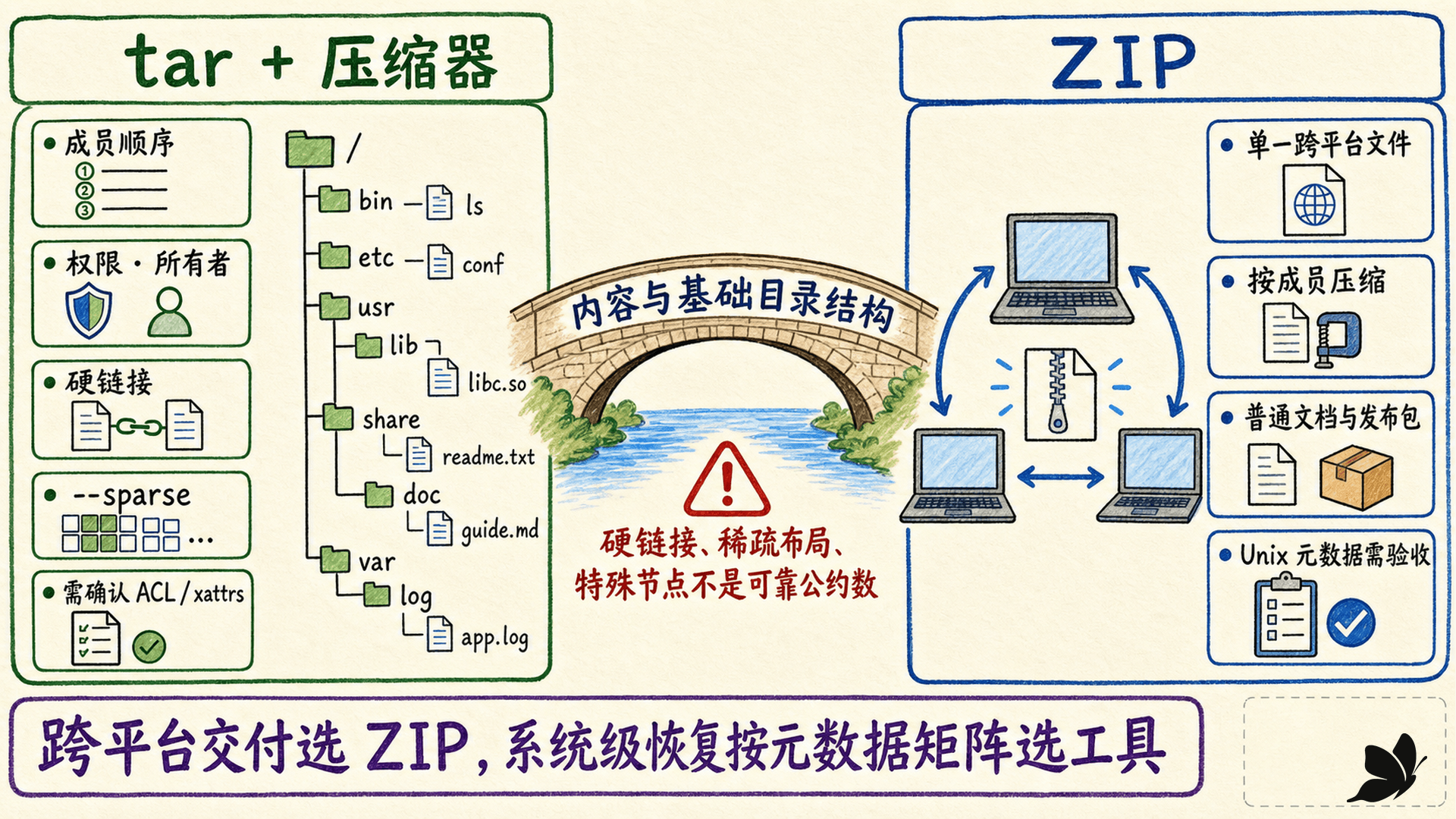 tar 与 ZIP 在跨平台、链接、权限和稀疏文件上的差异