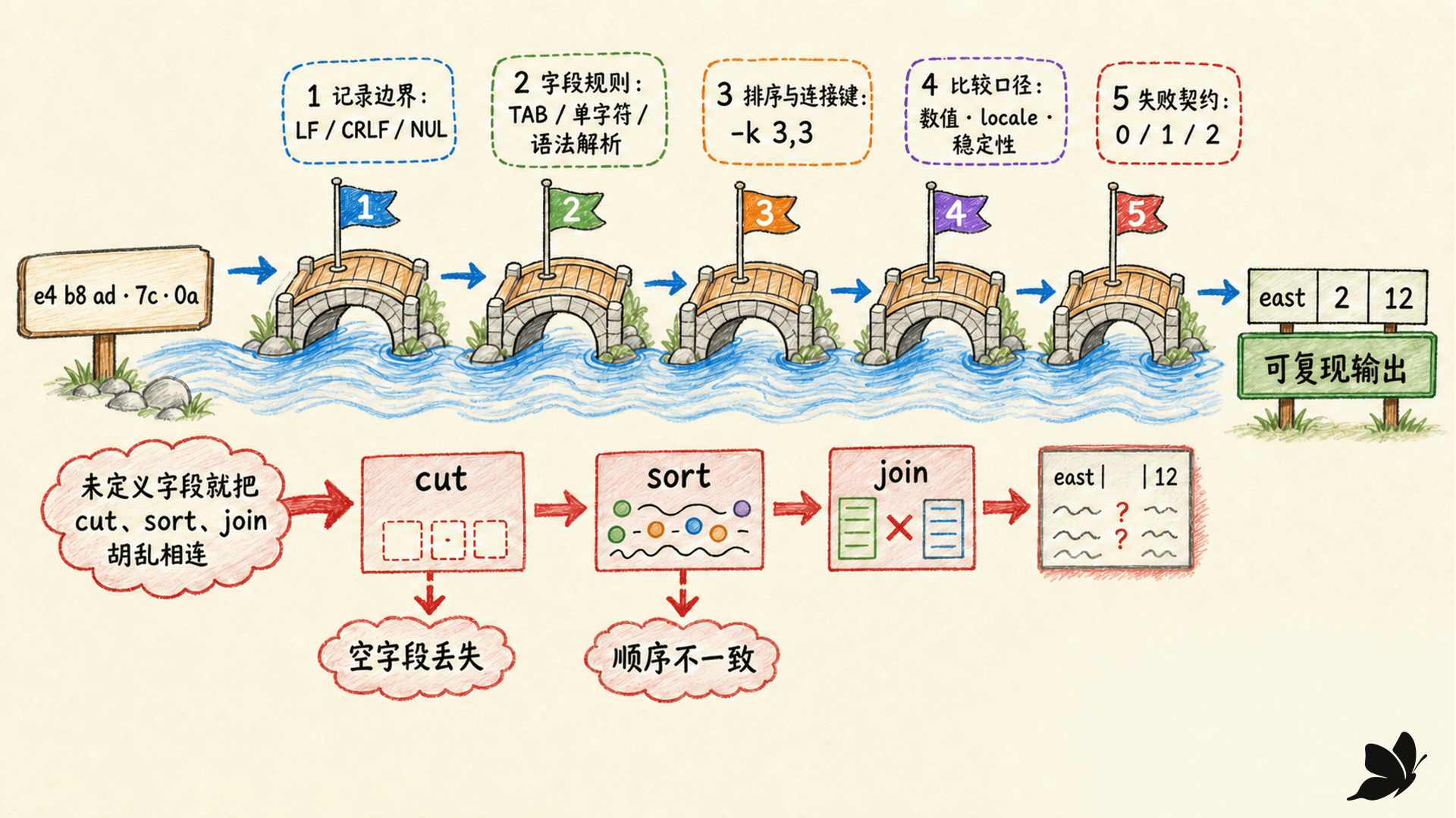 从原始字节到记录、字段、排序键和聚合结果的文本处理契约