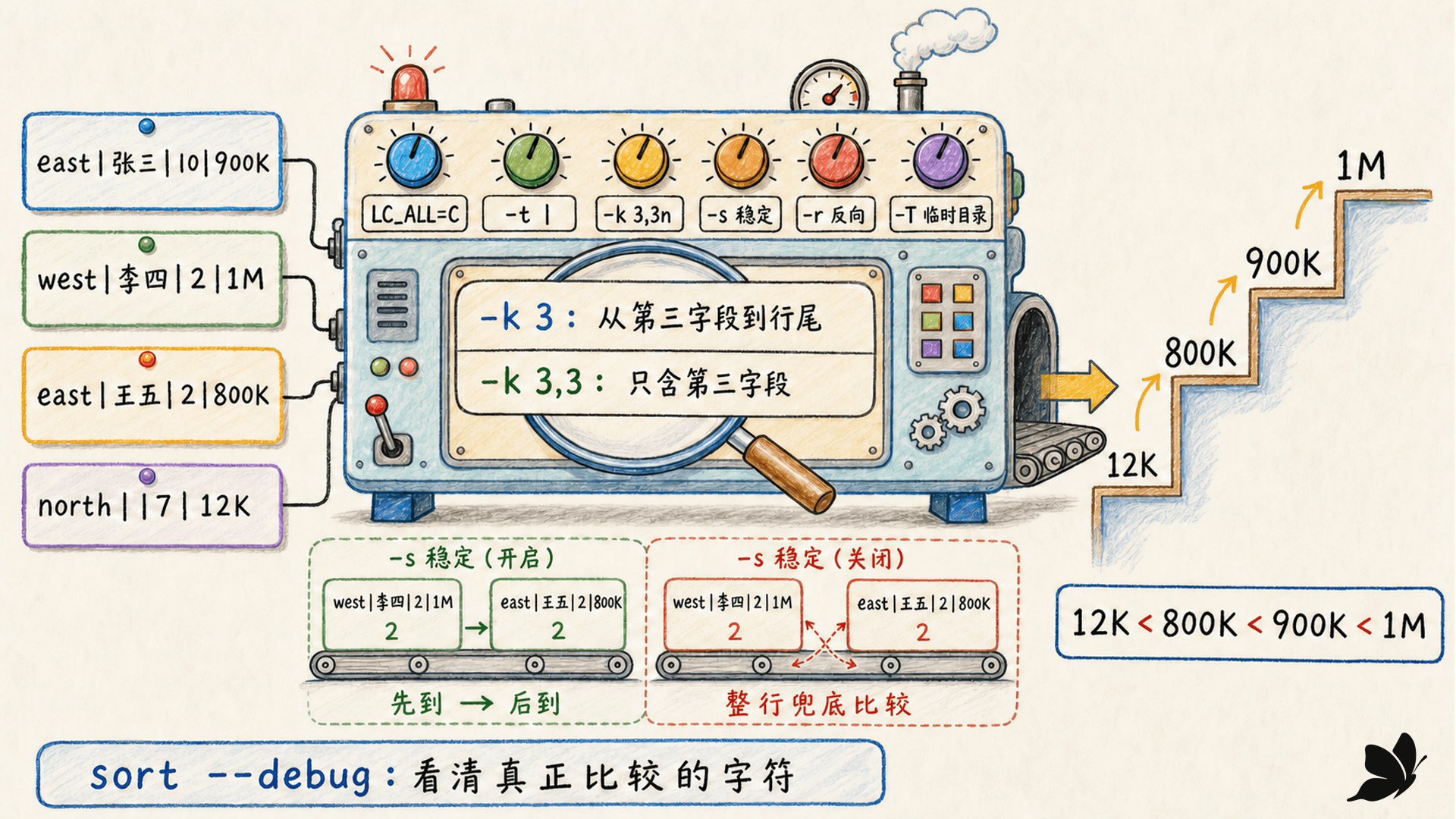 sort 从 locale、分隔符、键范围到稳定性和临时文件的决策图