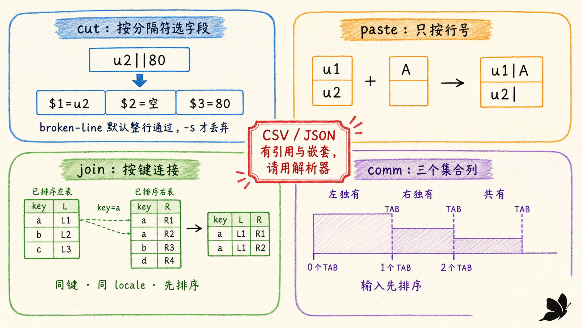 cut、paste、join 和 comm 对字段、位置、键与集合关系的区别