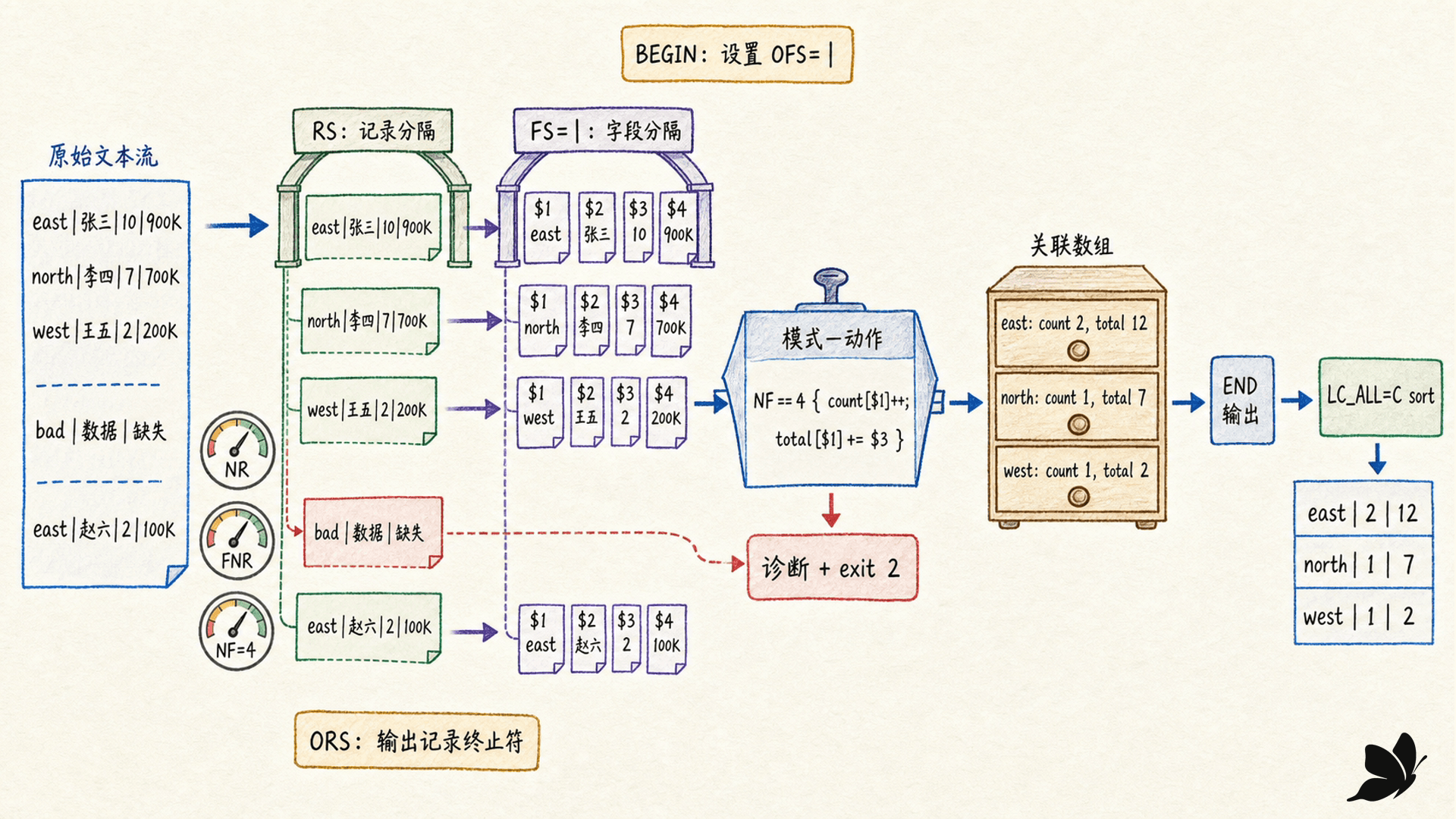 awk 从 RS 记录、FS 字段到模式动作、关联数组和 END 汇总的模型