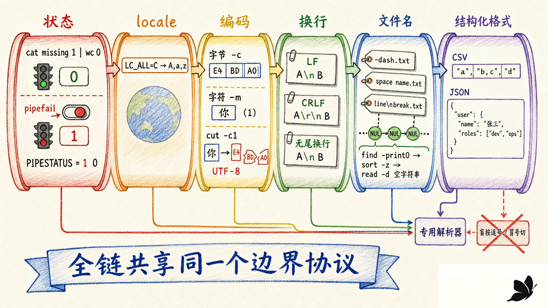可靠文本流水线在状态、locale、编码、换行、NUL 与结构化格式之间的边界