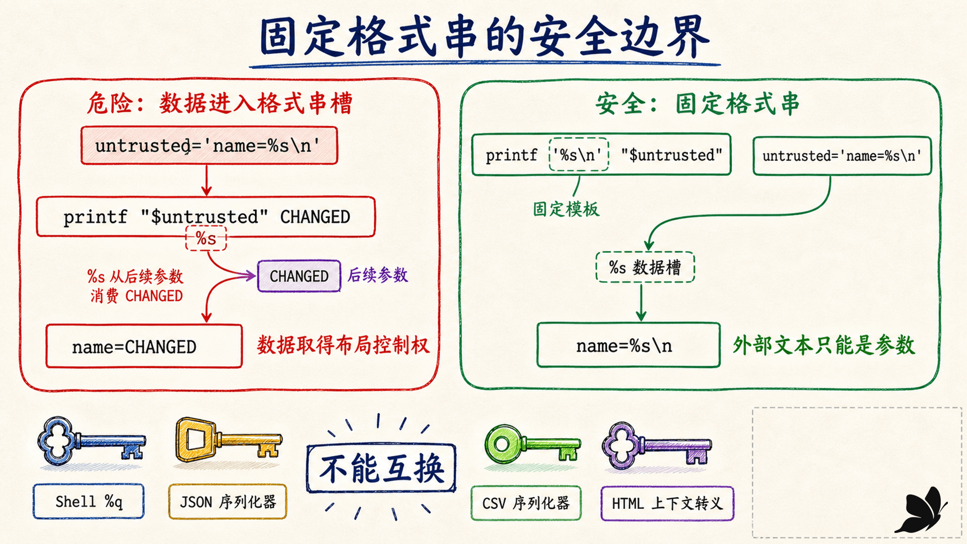 固定格式串与不可信数据、转义和结构化输出的安全边界