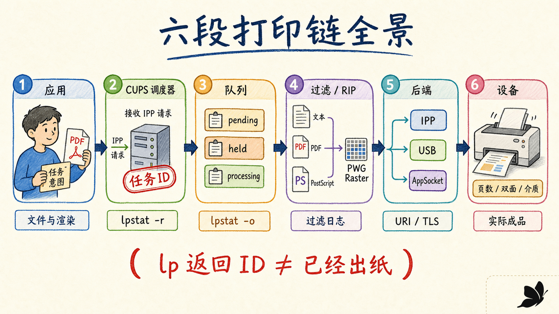 应用、调度器、队列、过滤器、后端与设备构成六段打印链