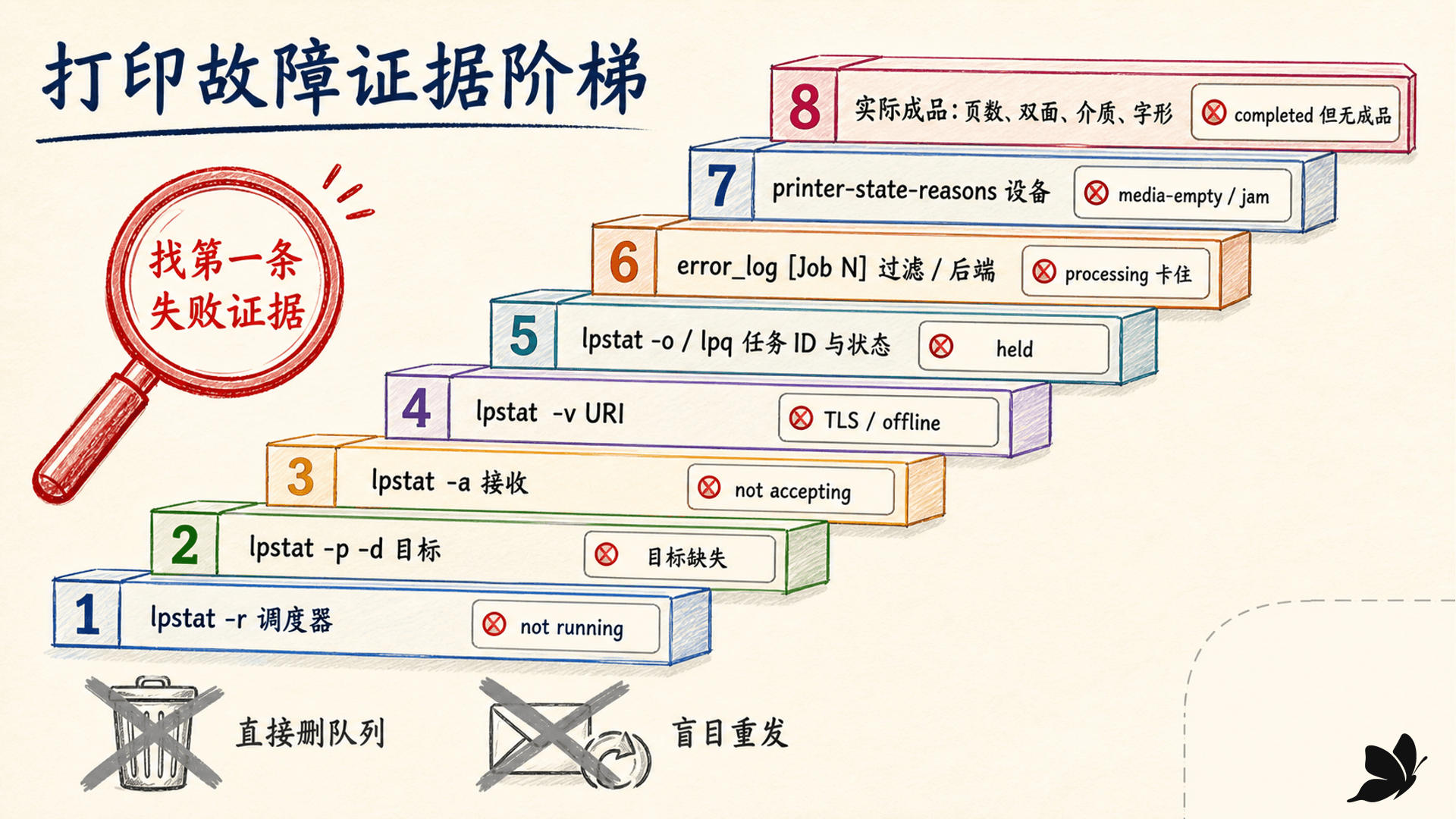 从 lpstat 到任务日志、后端与设备状态的分层诊断阶梯